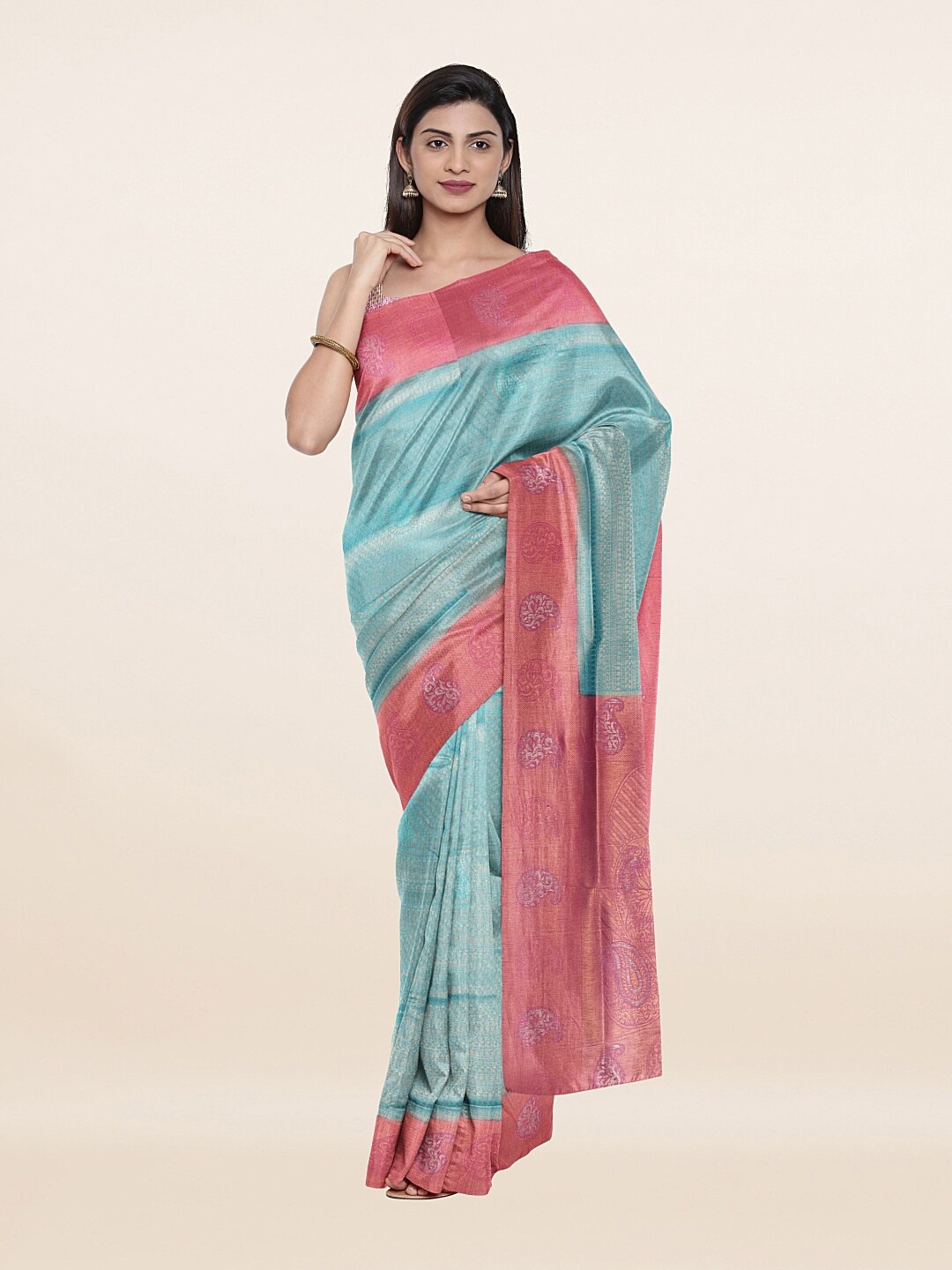 

Pothys Turquoise Blue & Red Ethnic Motifs Zari Art Silk Banarasi Saree