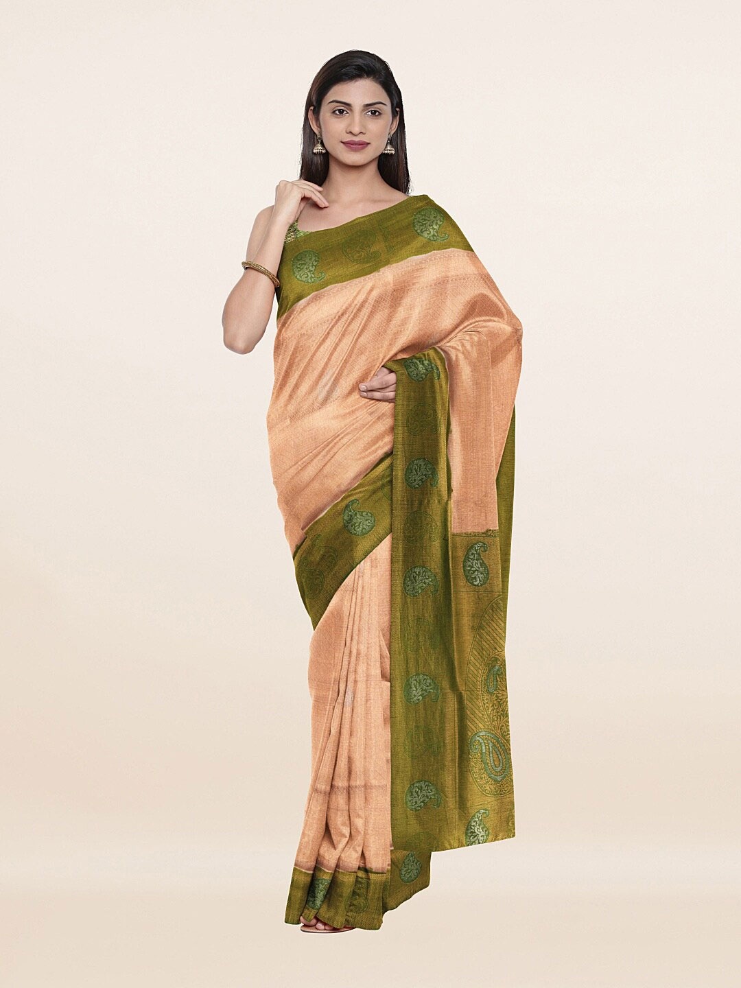 

Pothys Peach-Coloured & Green Paisley Art Silk Saree