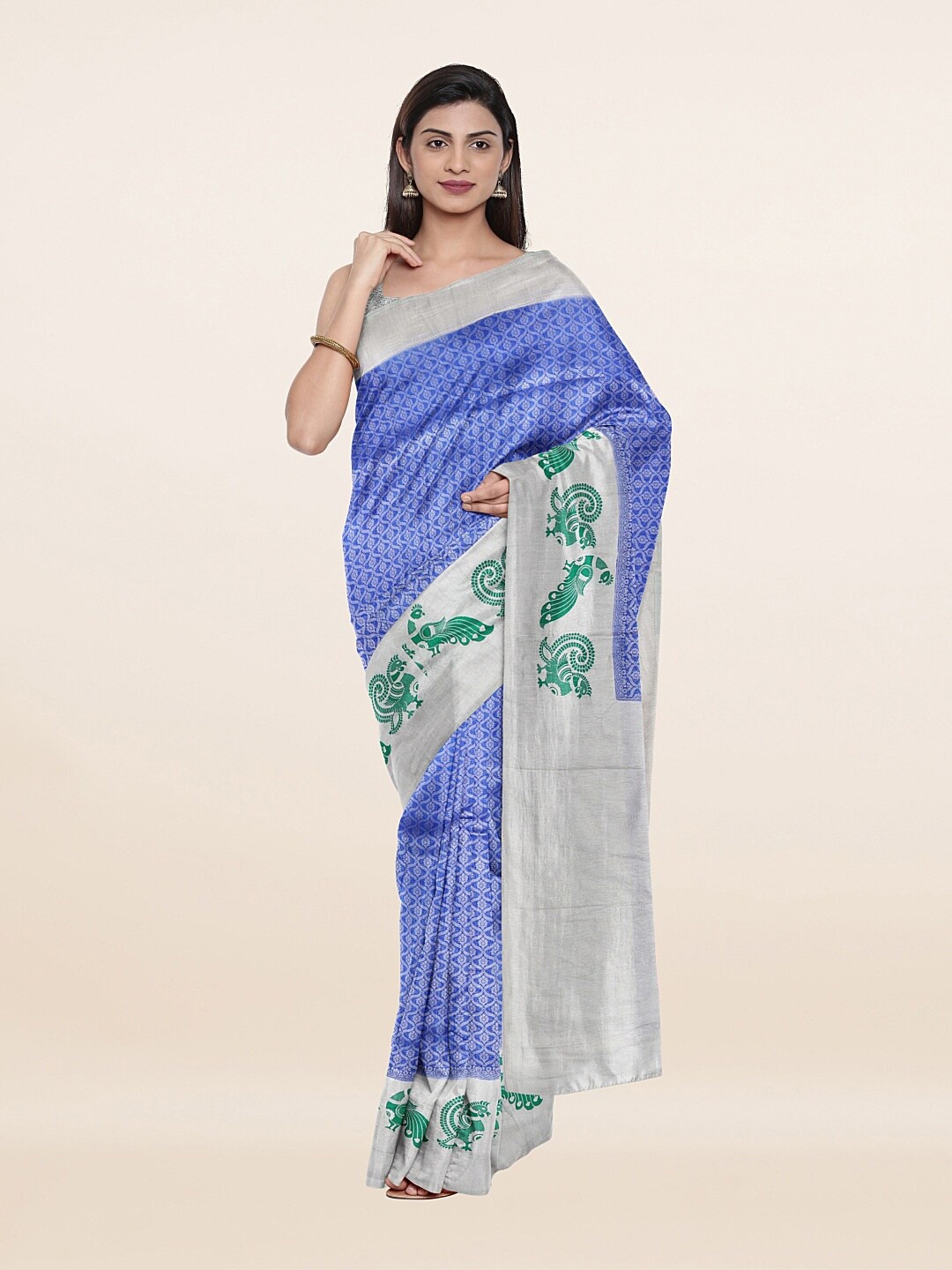 

Pothys Blue & Silver-Toned Ethnic Motifs Zari Art Silk Banarasi Saree