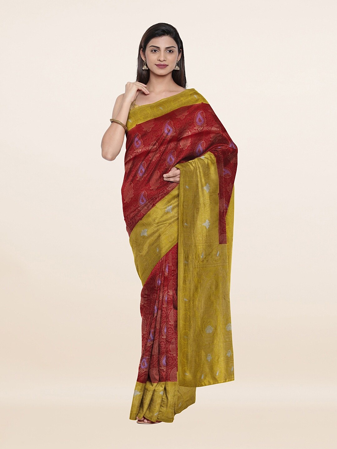 

Pothys Red & Green Paisley Art Silk Saree