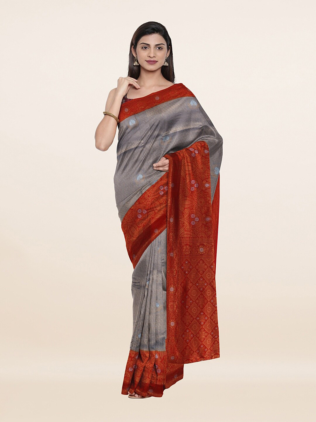 

Pothys Grey & Red Ethnic Motifs Art Silk Saree
