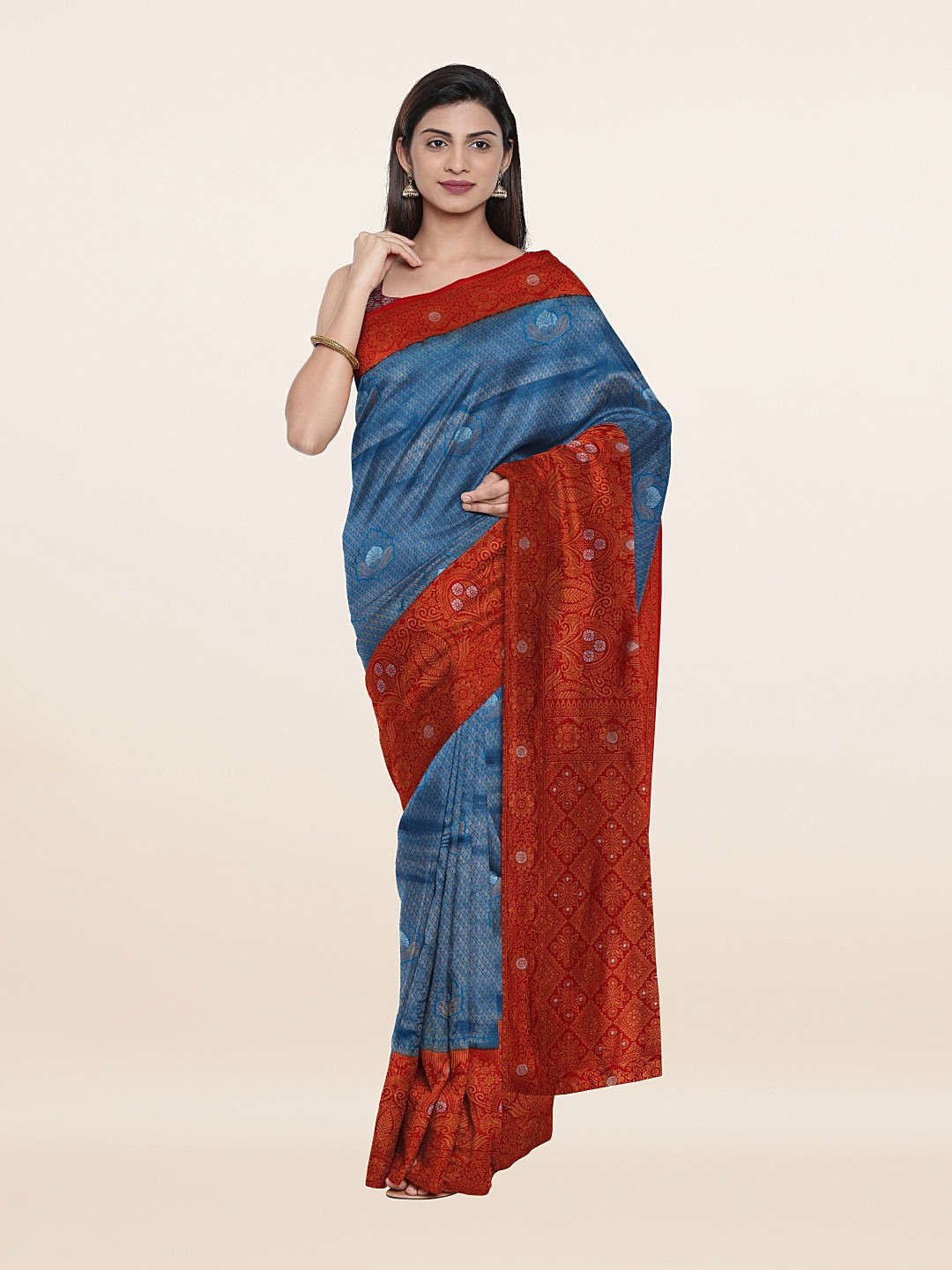 

Pothys Blue & Red Ethnic Motifs Art Silk Saree