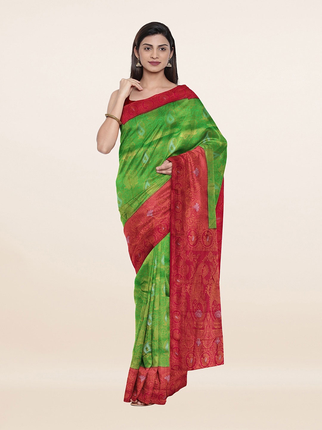 

Pothys Green & Red Ethnic Motifs Art Silk Saree