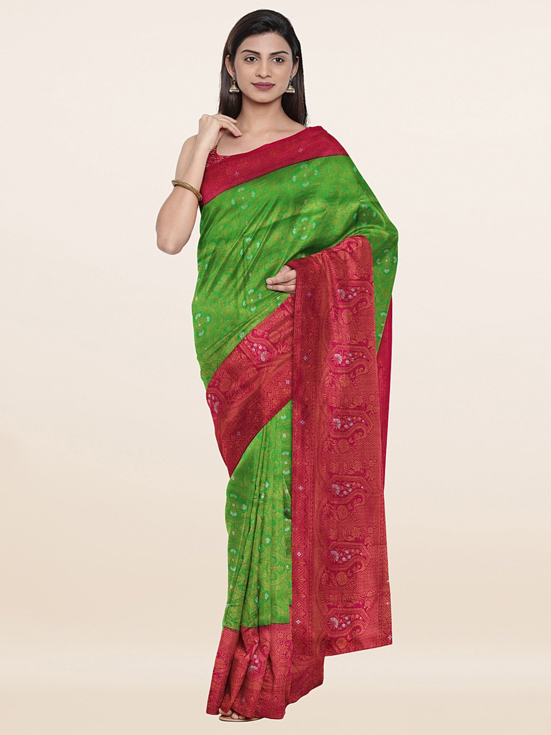 

Pothys Green & Red Floral Zari Art Silk Banarasi Saree