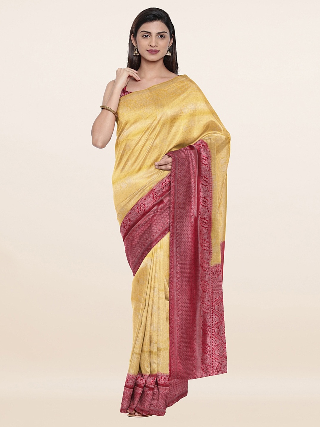 

Pothys Yellow & Maroon Ethnic Motifs Zari Art Silk Banarasi Saree