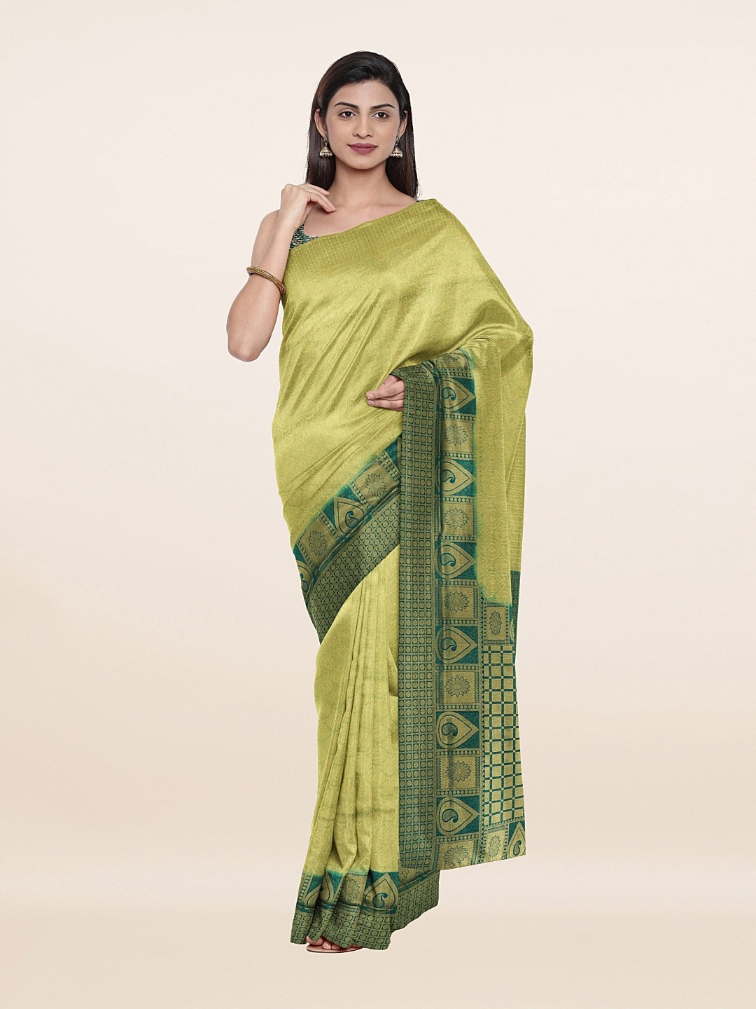 

Pothys Green & Gold-Toned Ethnic Motifs Zari Art Silk Banarasi Saree