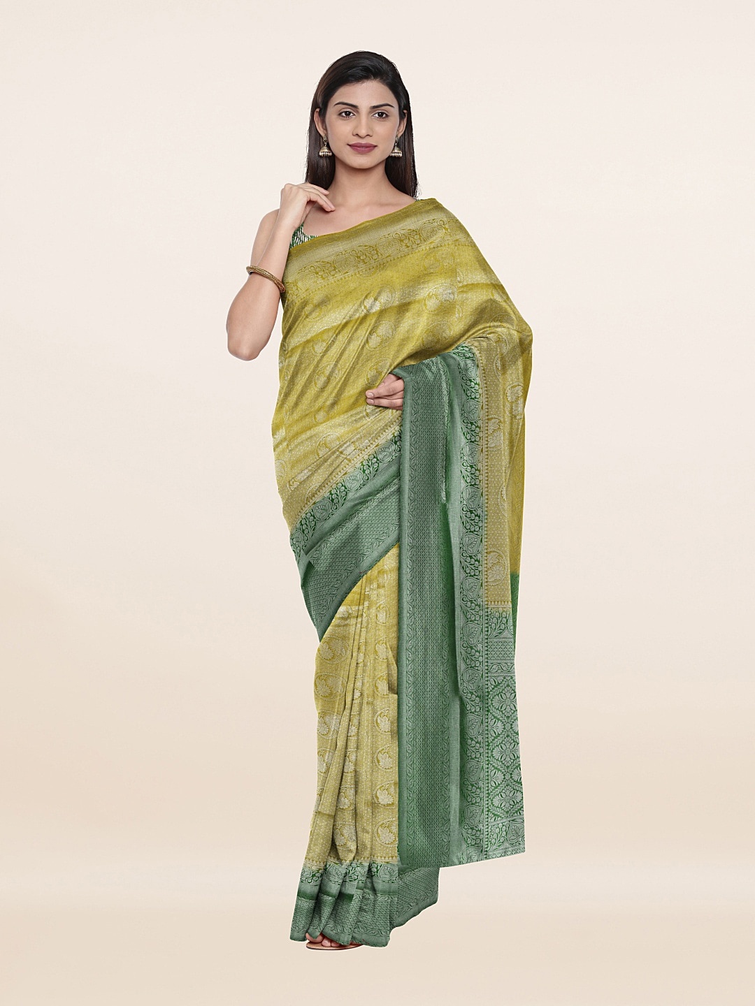 

Pothys Green & Silver-Toned Woven Design Art Silk Saree