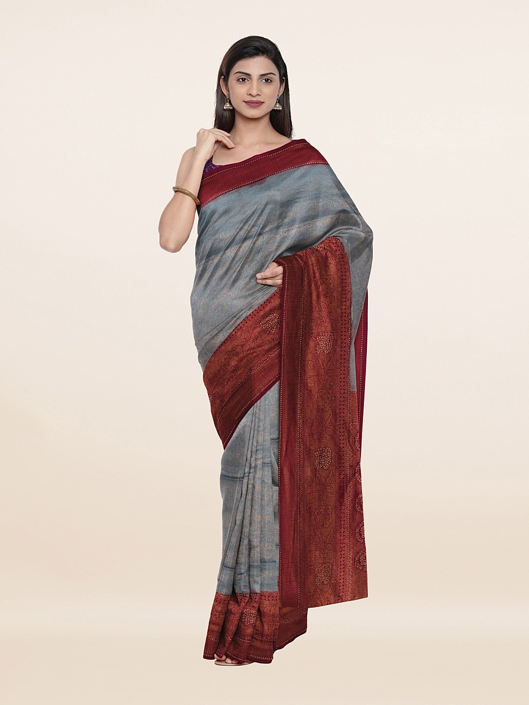 

Pothys Grey & Gold-Toned Floral Art Silk Saree