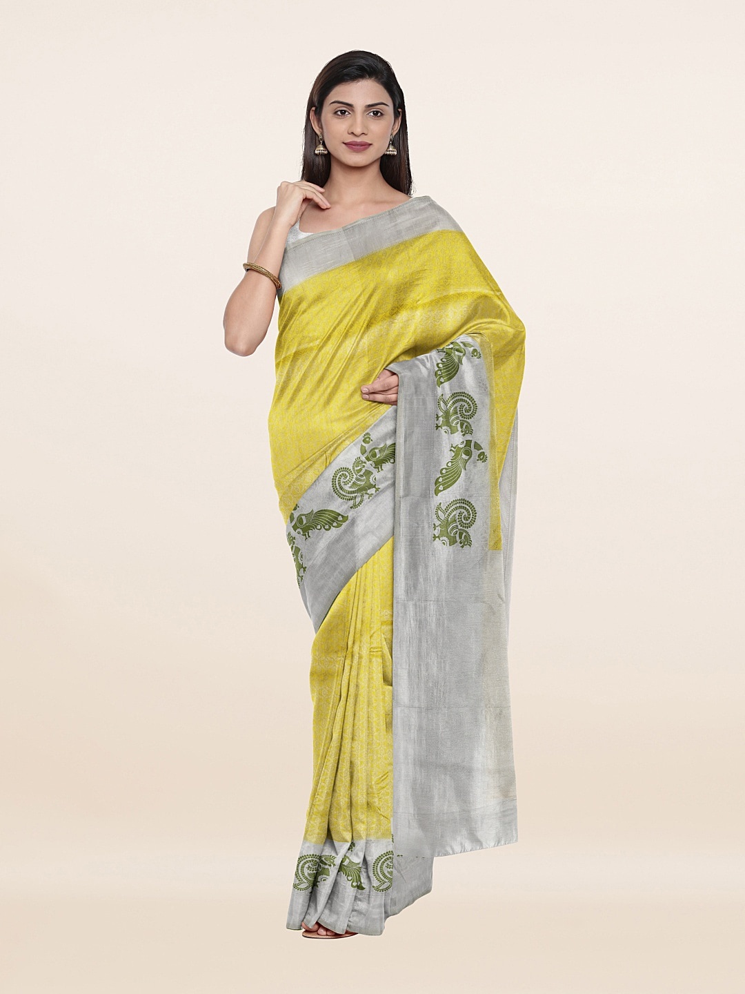 

Pothys Yellow & Silver-Toned Banarasi Art Silk Saree