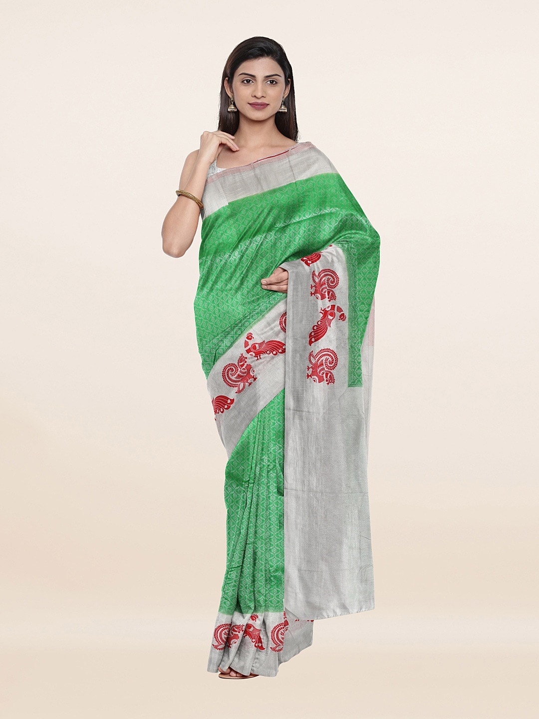 

Pothys Green & Silver-Toned Woven Design Ethnic Banarasi Art Silk Saree