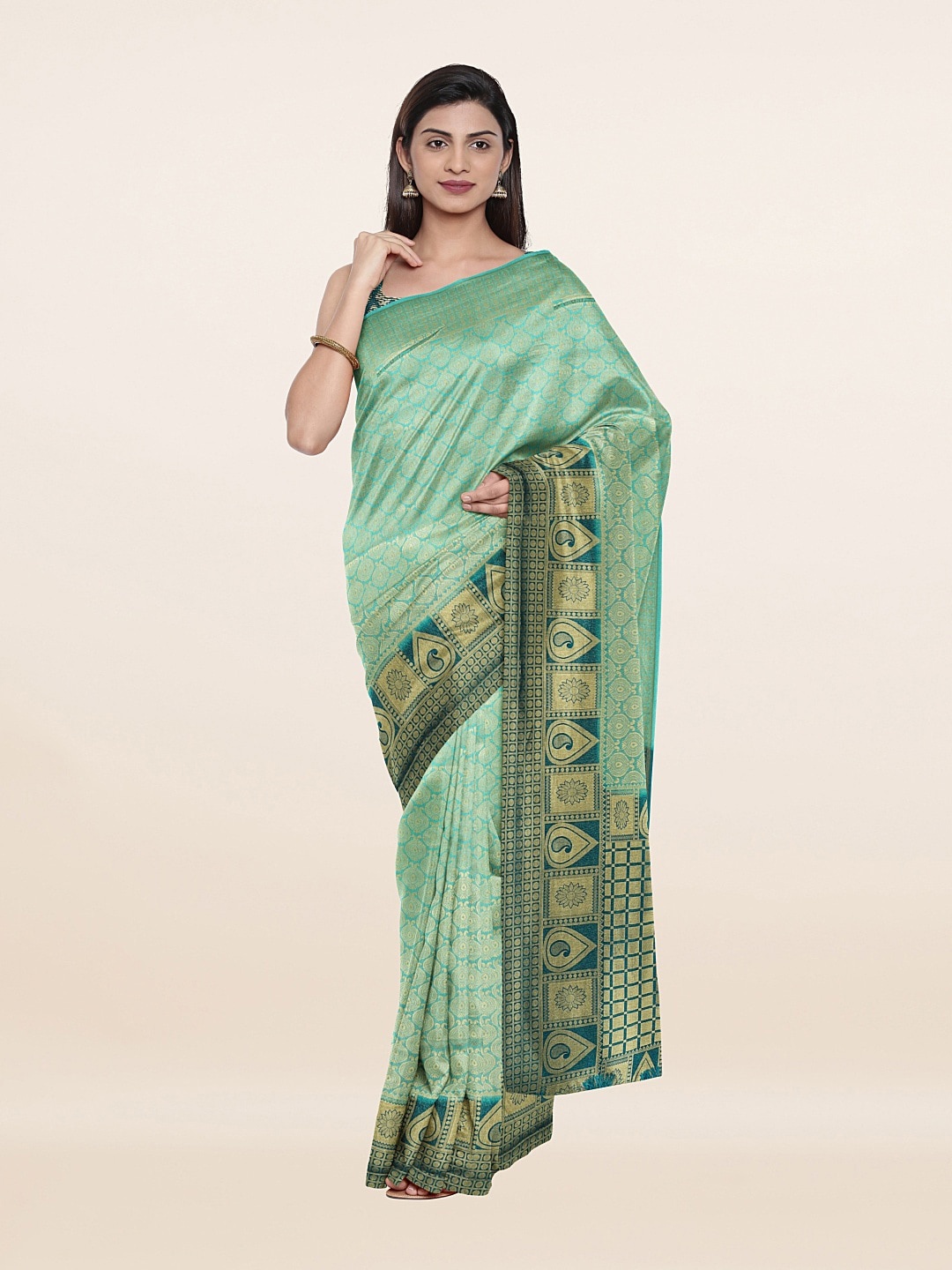 

Pothys Green & Gold-Toned Woven Design Art Silk Saree