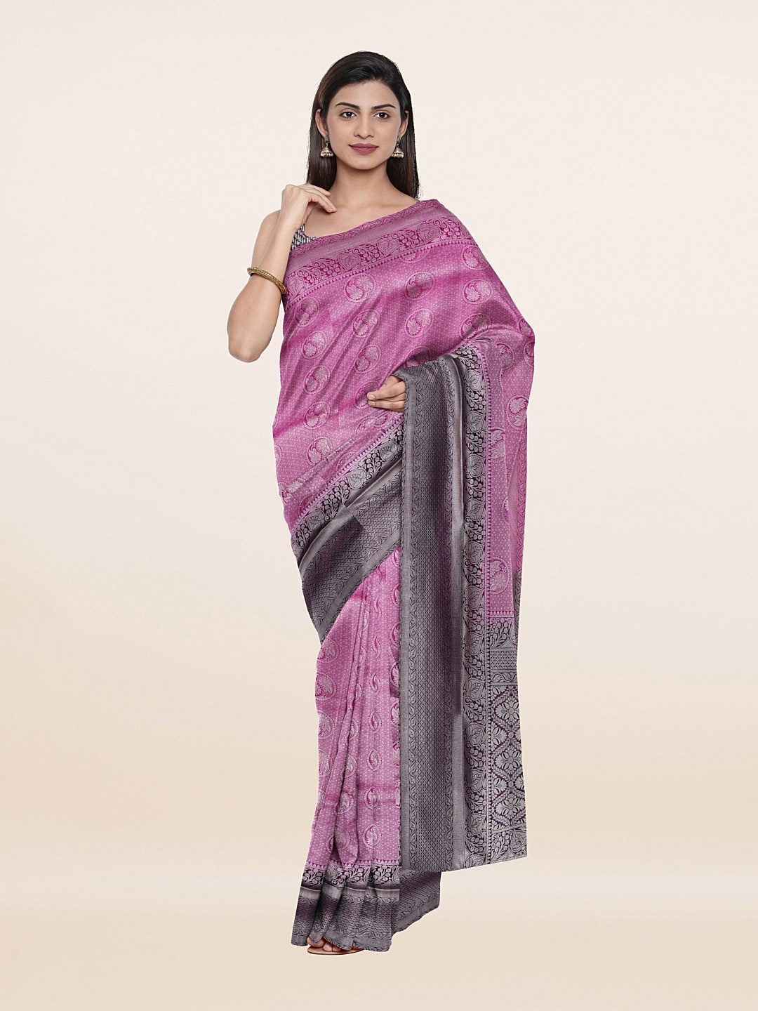 

Pothys Purple & Silver-Toned Woven Design Art Silk Saree