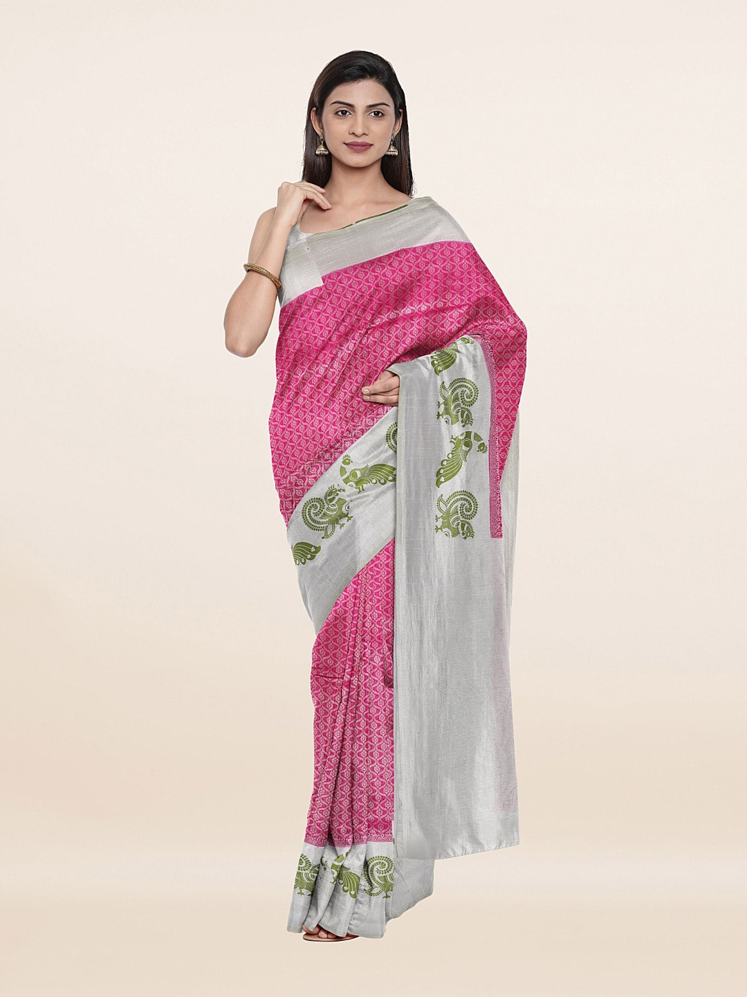 

Pothys Pink & Silver-Toned Woven Design Art Silk Saree