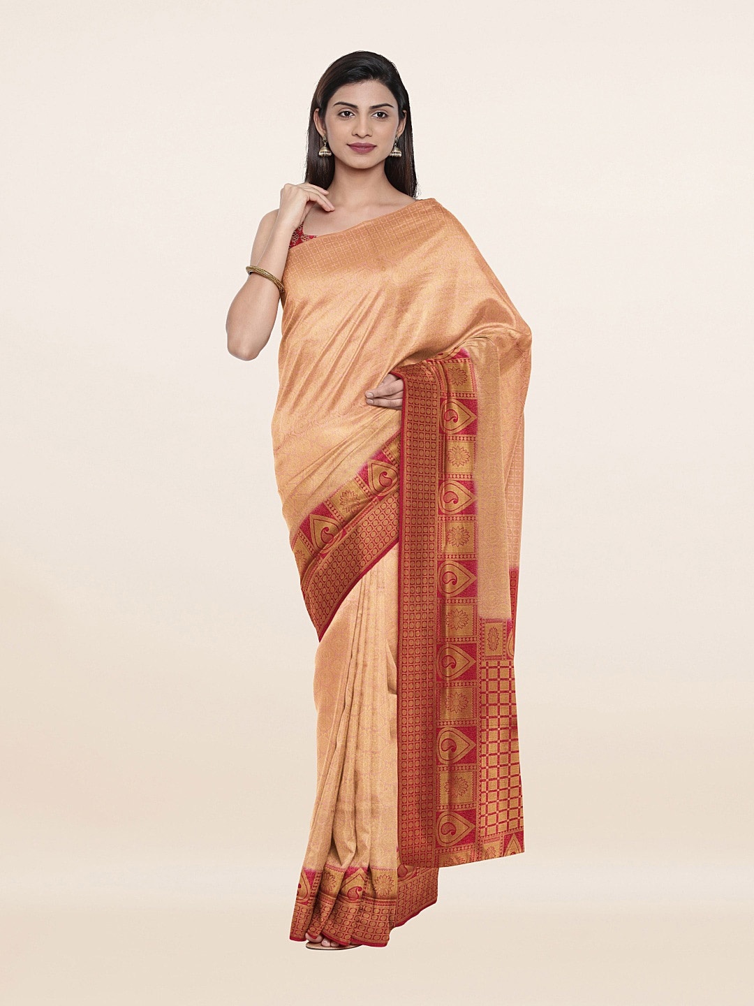

Pothys Peach-Coloured & Maroon Woven Design Art Silk Saree