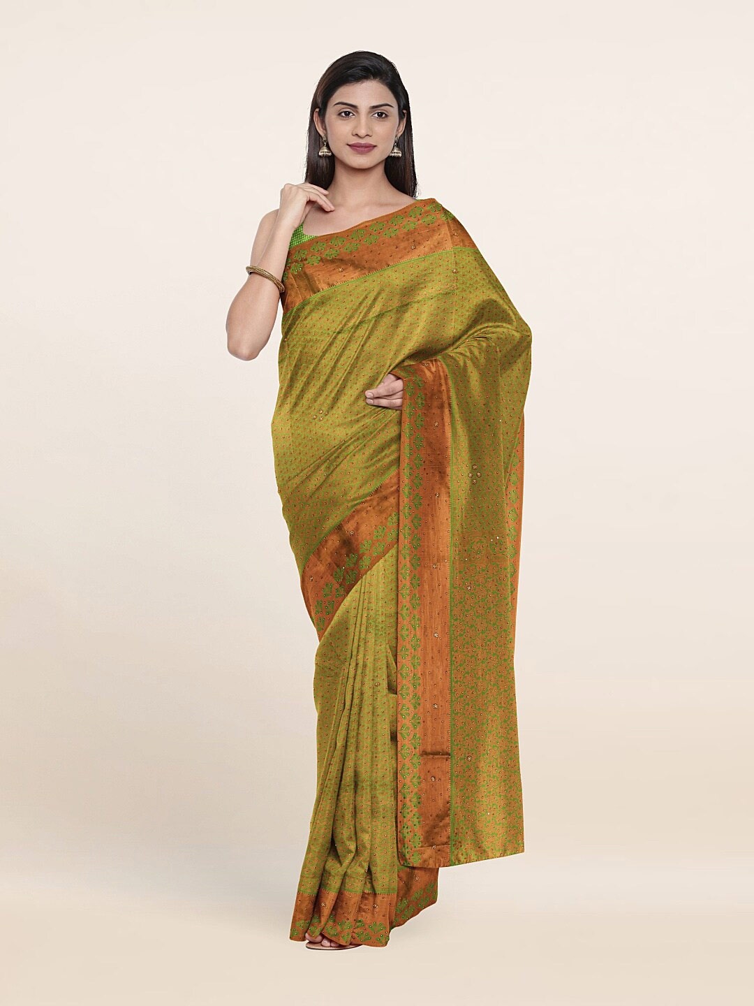 

Pothys Green & Copper-Toned Woven Design Pure Silk Saree