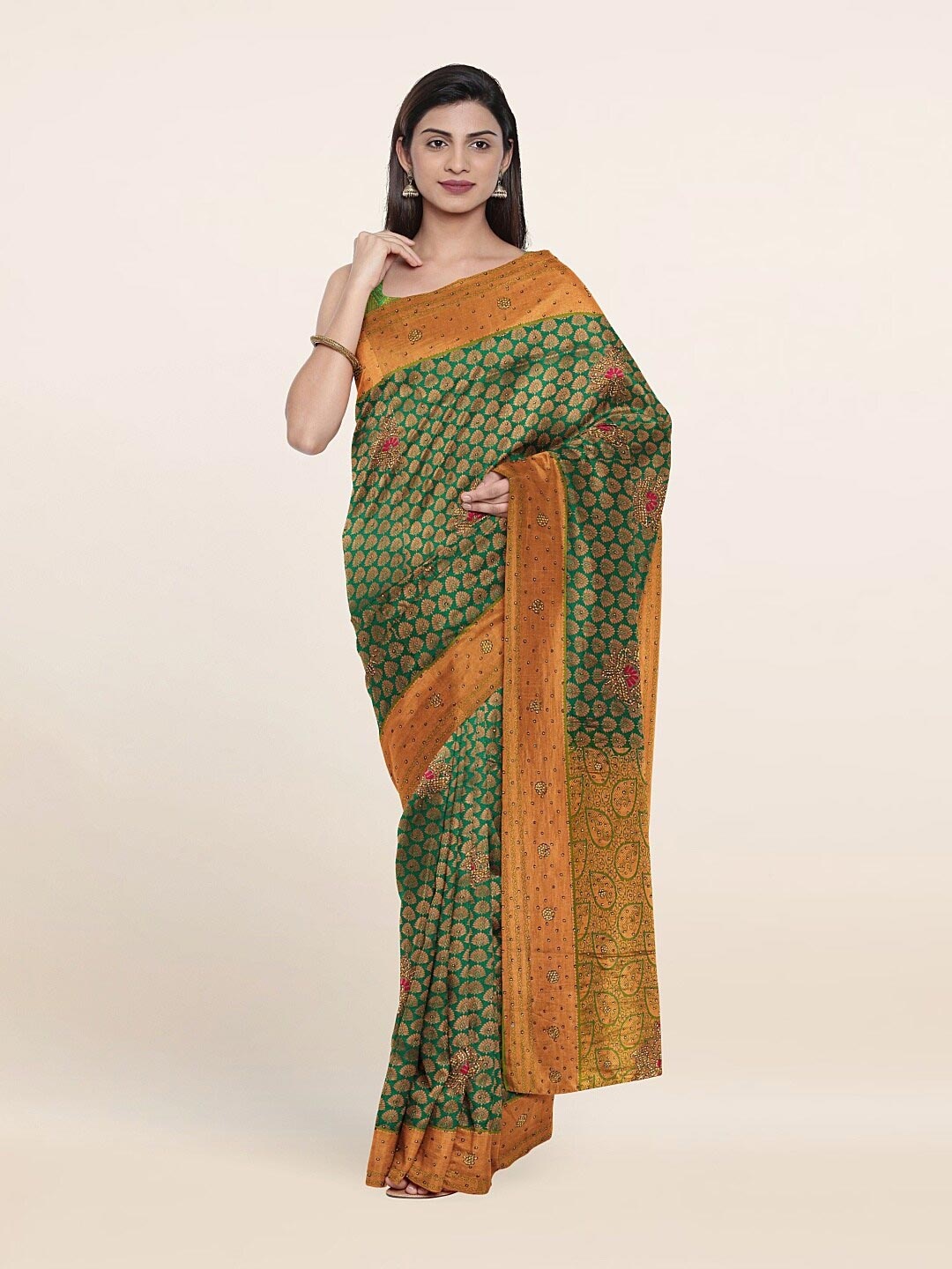 

Pothys Green & Mustard Woven Design Pure Silk Saree