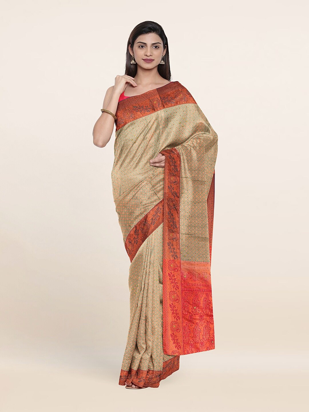 

Pothys Green & Red Woven Design Pure Silk Saree