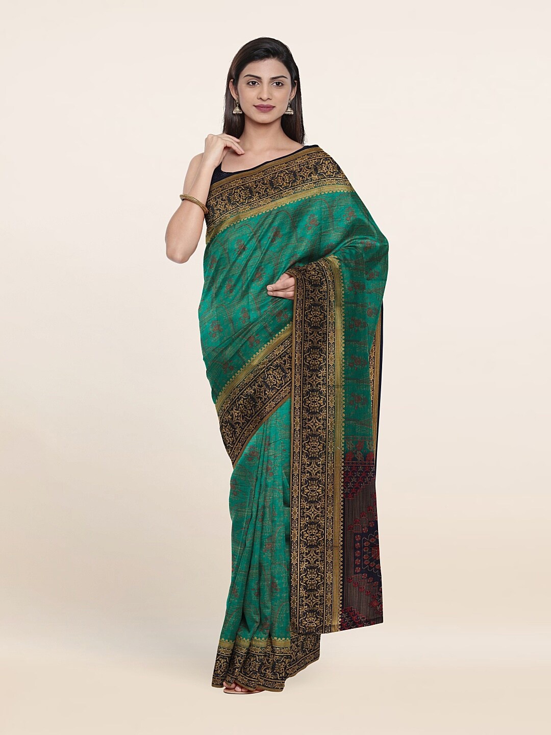 

Pothys Green & Gold-Toned Woven Design Art Silk Saree