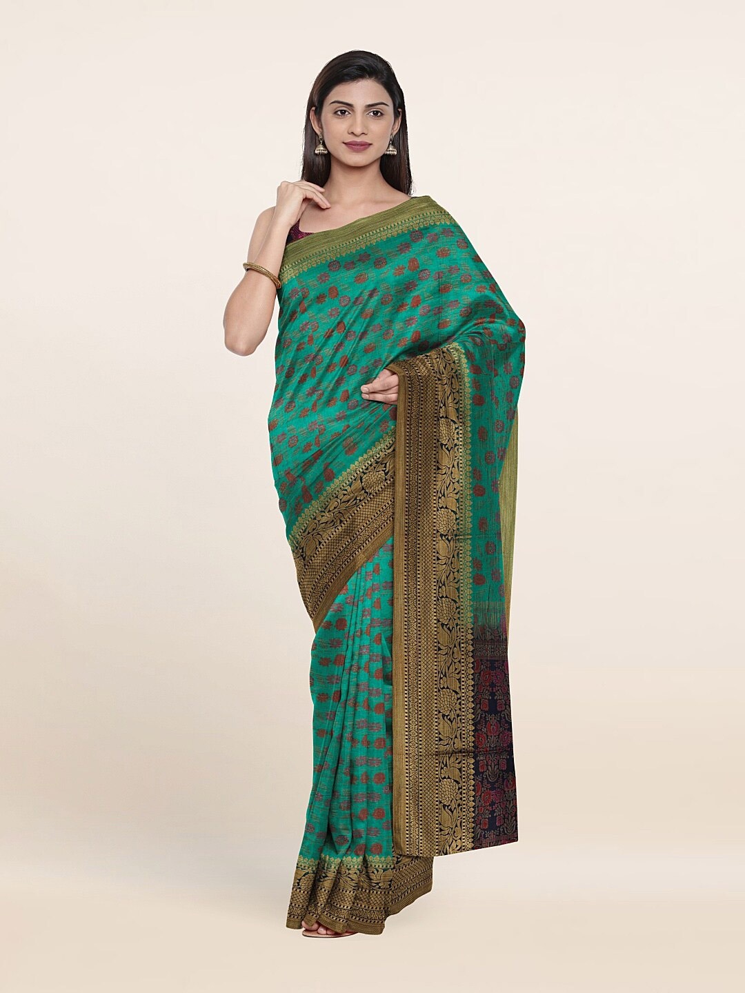 

Pothys Green & Gold-Toned Woven Design Art Silk Saree