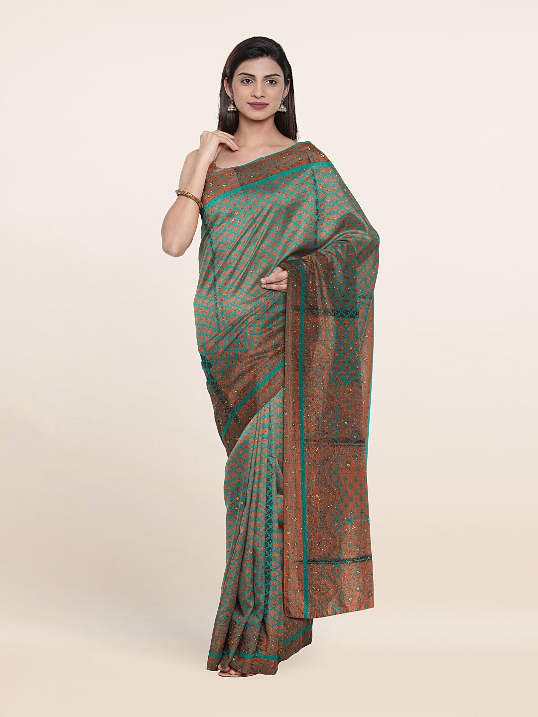 

Pothys Green & Copper-Toned Woven Design Pure Silk Saree