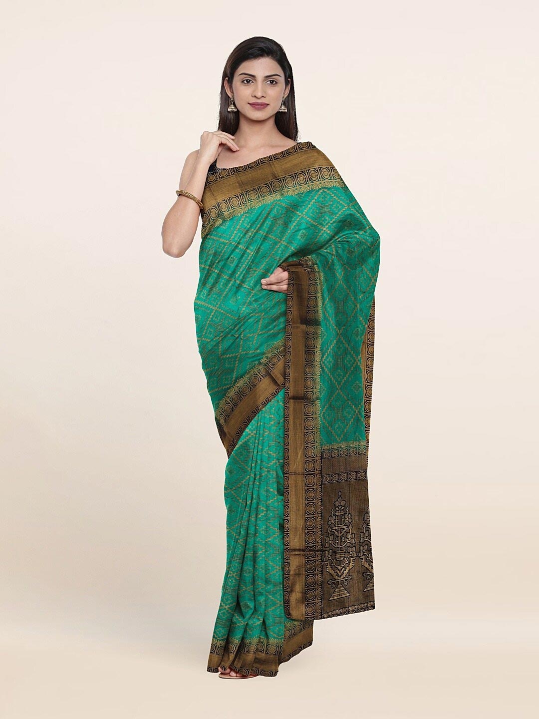 

Pothys Green & Gold-Toned Woven Design Art Silk Saree