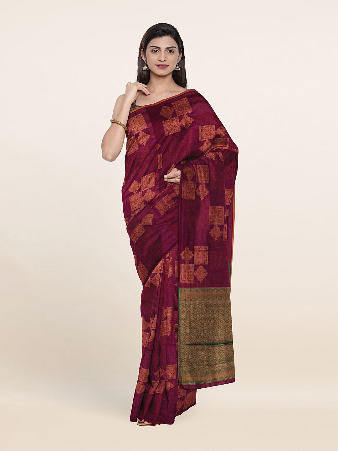 

Pothys Magenta & Green Ethnic Motifs Woven Design Cotton Saree