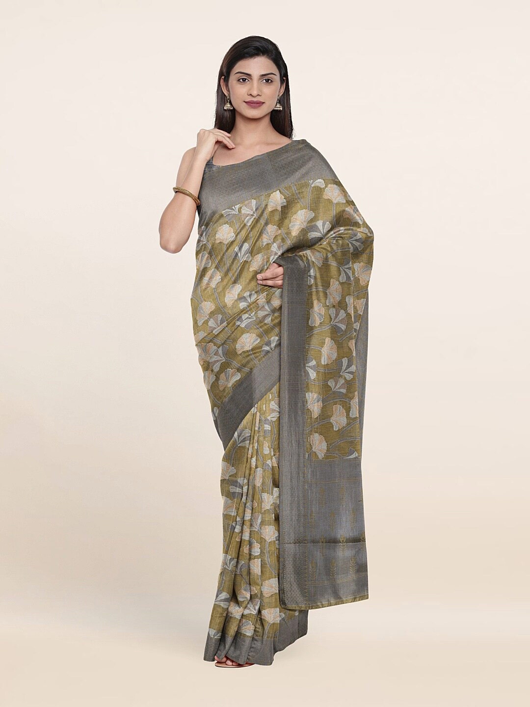 

Pothys Green & Grey Floral Saree