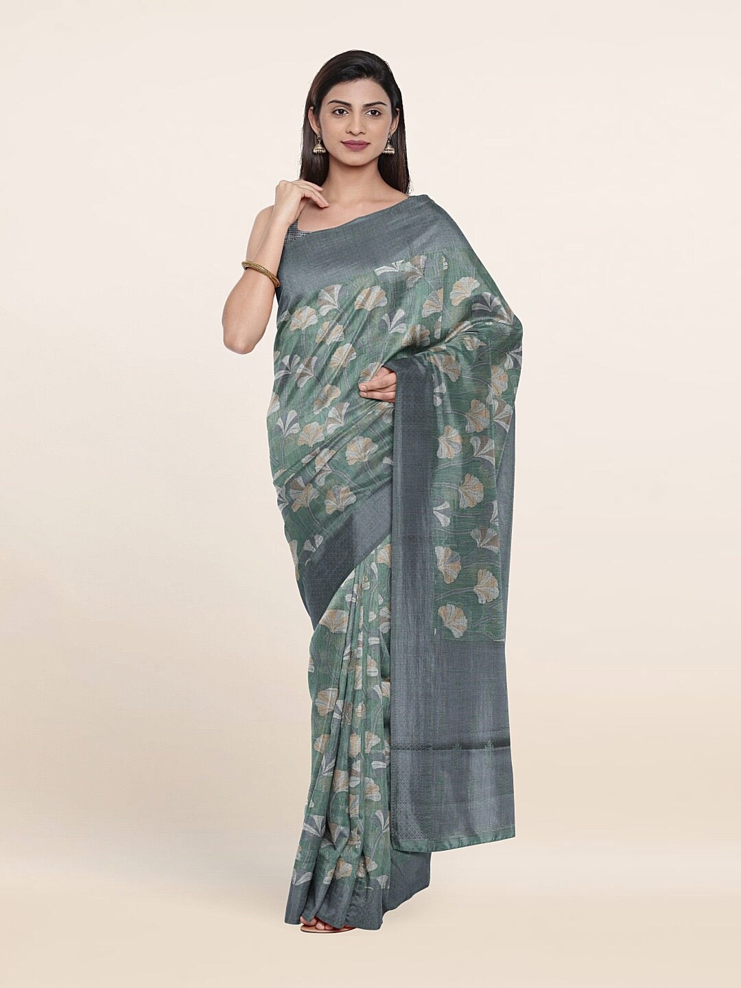 

Pothys Green & Grey Floral Saree