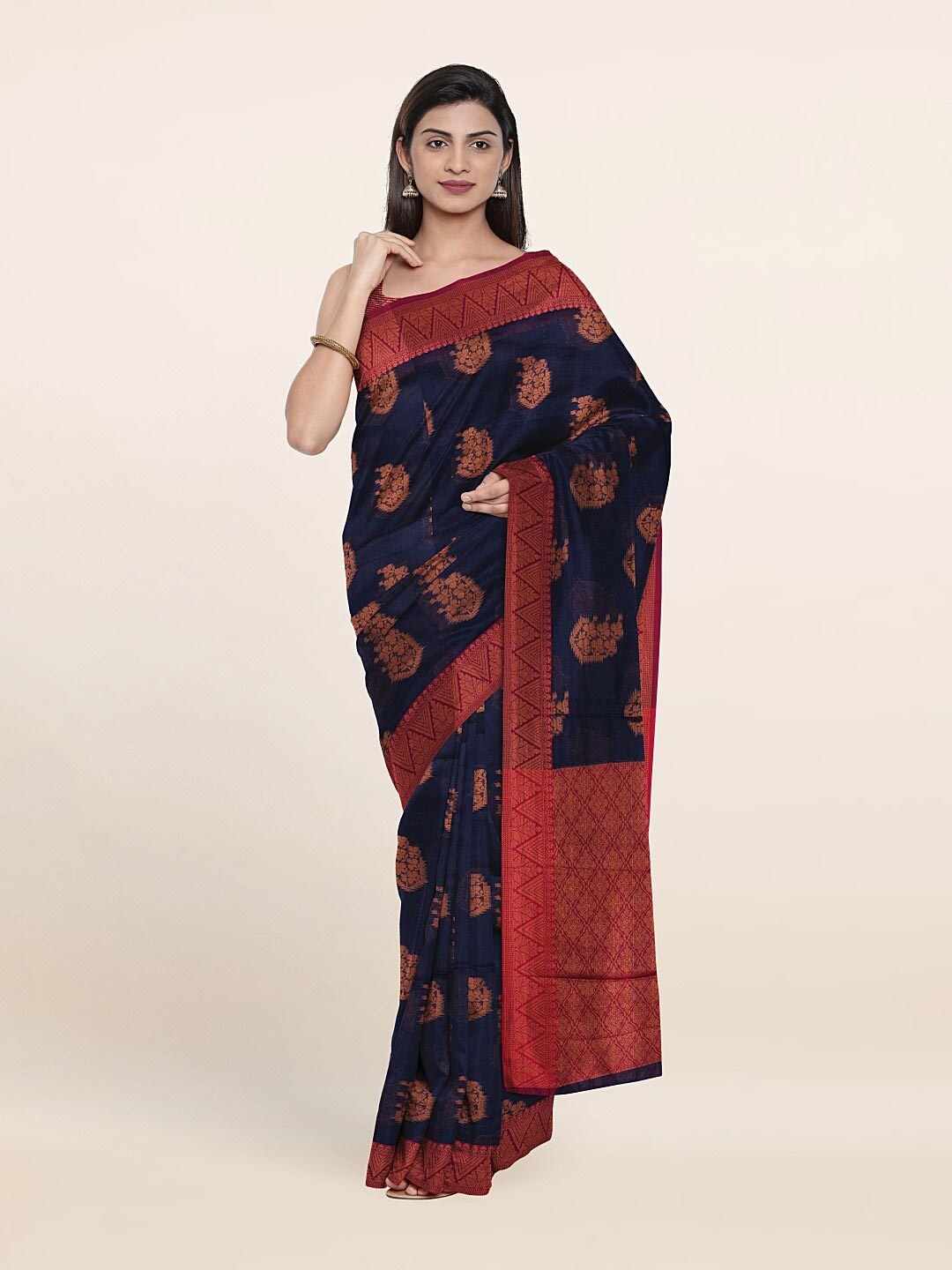 

PothysNavy Blue & Red Ethnic Motifs Woven Design Cotton Saree
