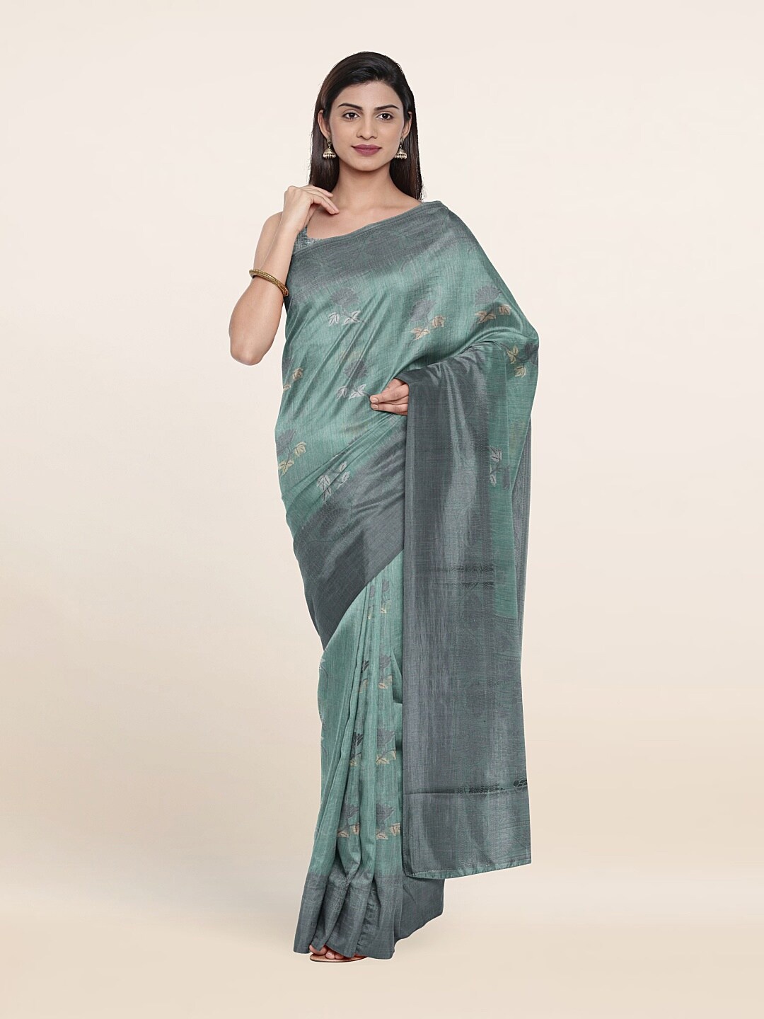

Pothys Blue & Grey Floral Zari Saree
