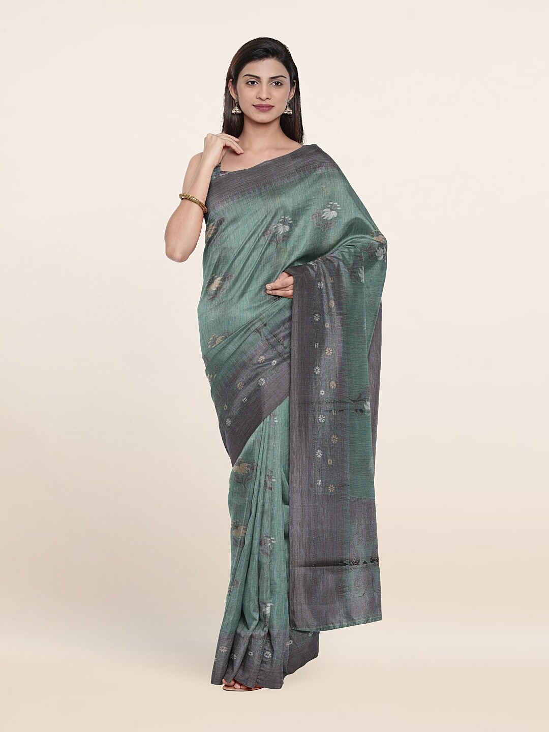 

Pothys Blue & Grey Floral Zari Saree