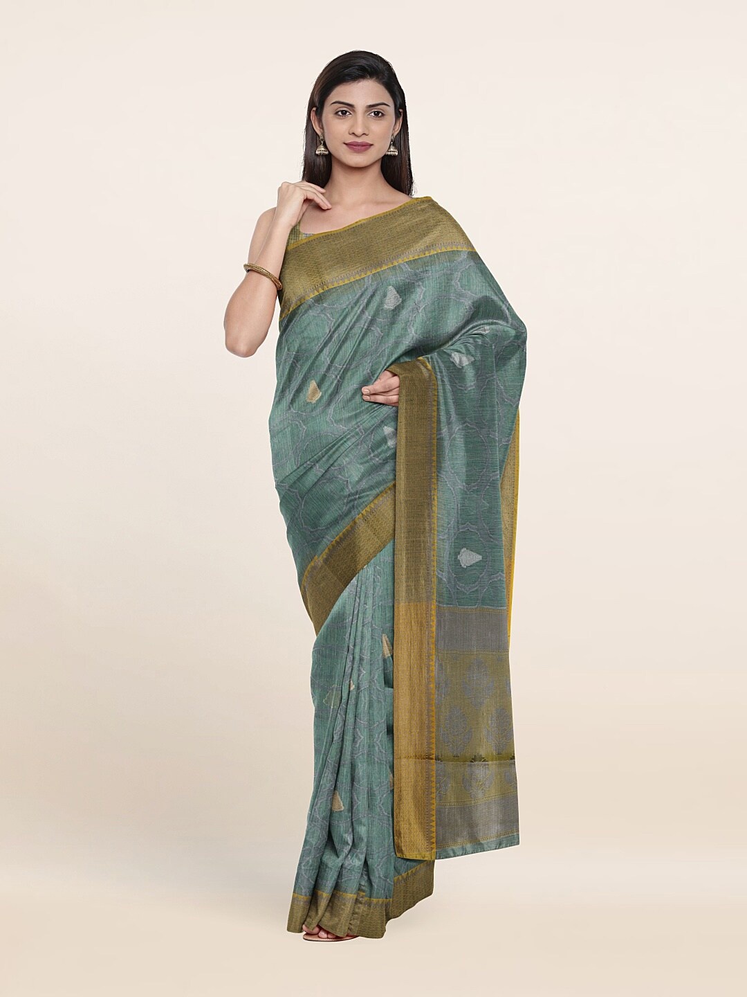 

Pothys Sea green & Mustard Yellow Woven Design Cotton Saree