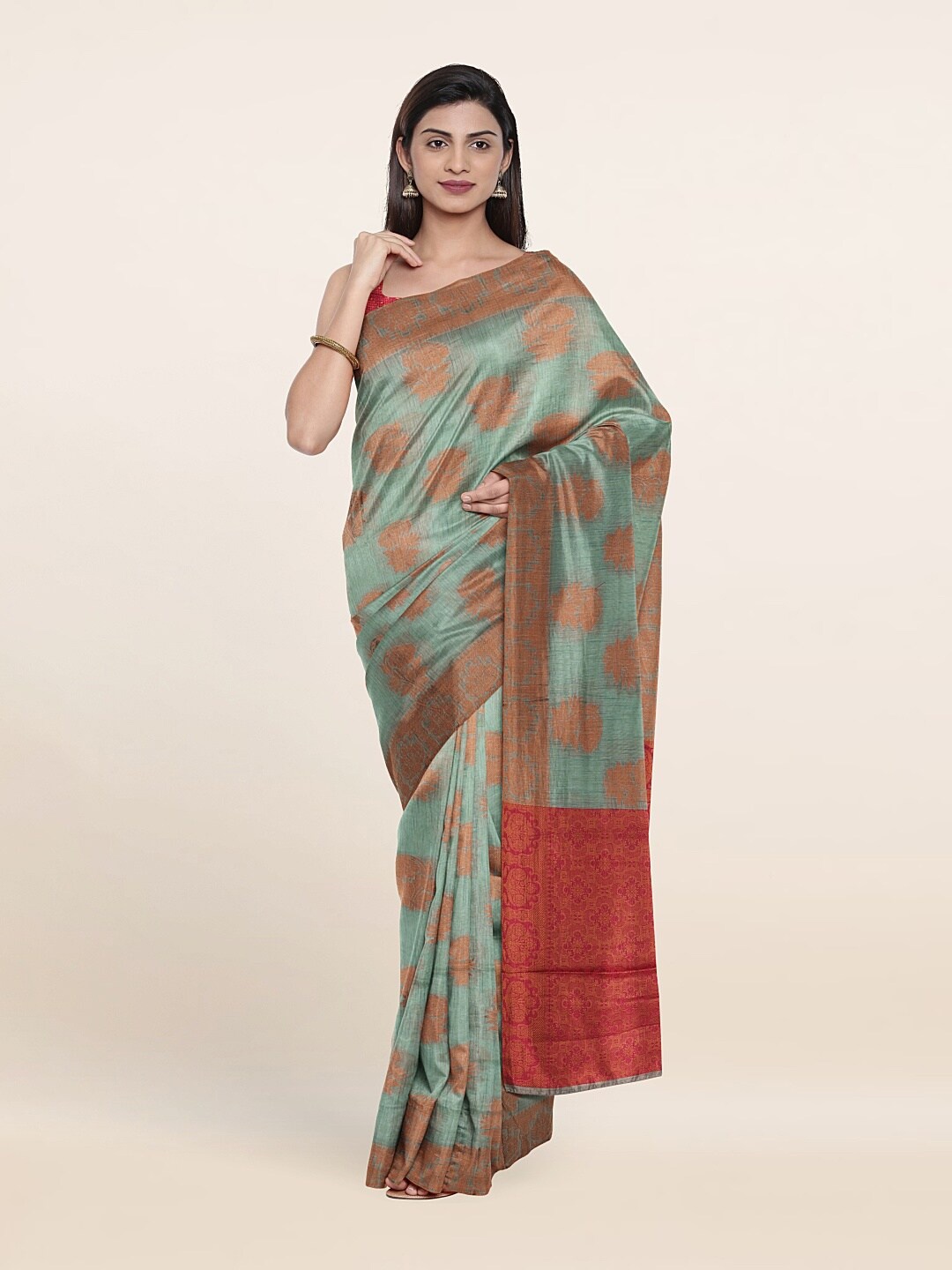 

Pothys Green & Red Floral Zari Saree