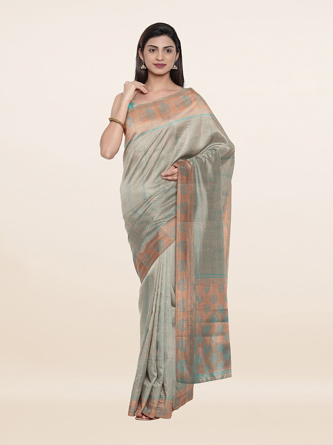 

Pothys Green & Gold-Toned Floral Zari Art Silk Saree