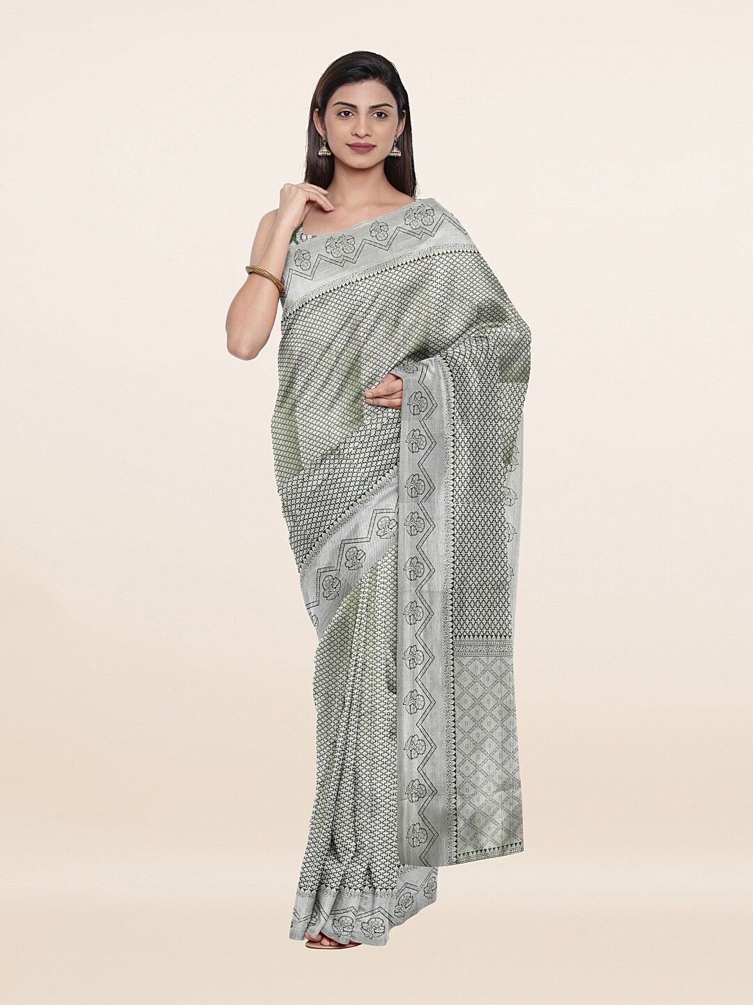 

Pothys Green & Grey Ethnic Motifs Woven Art Dupion Silk Saree