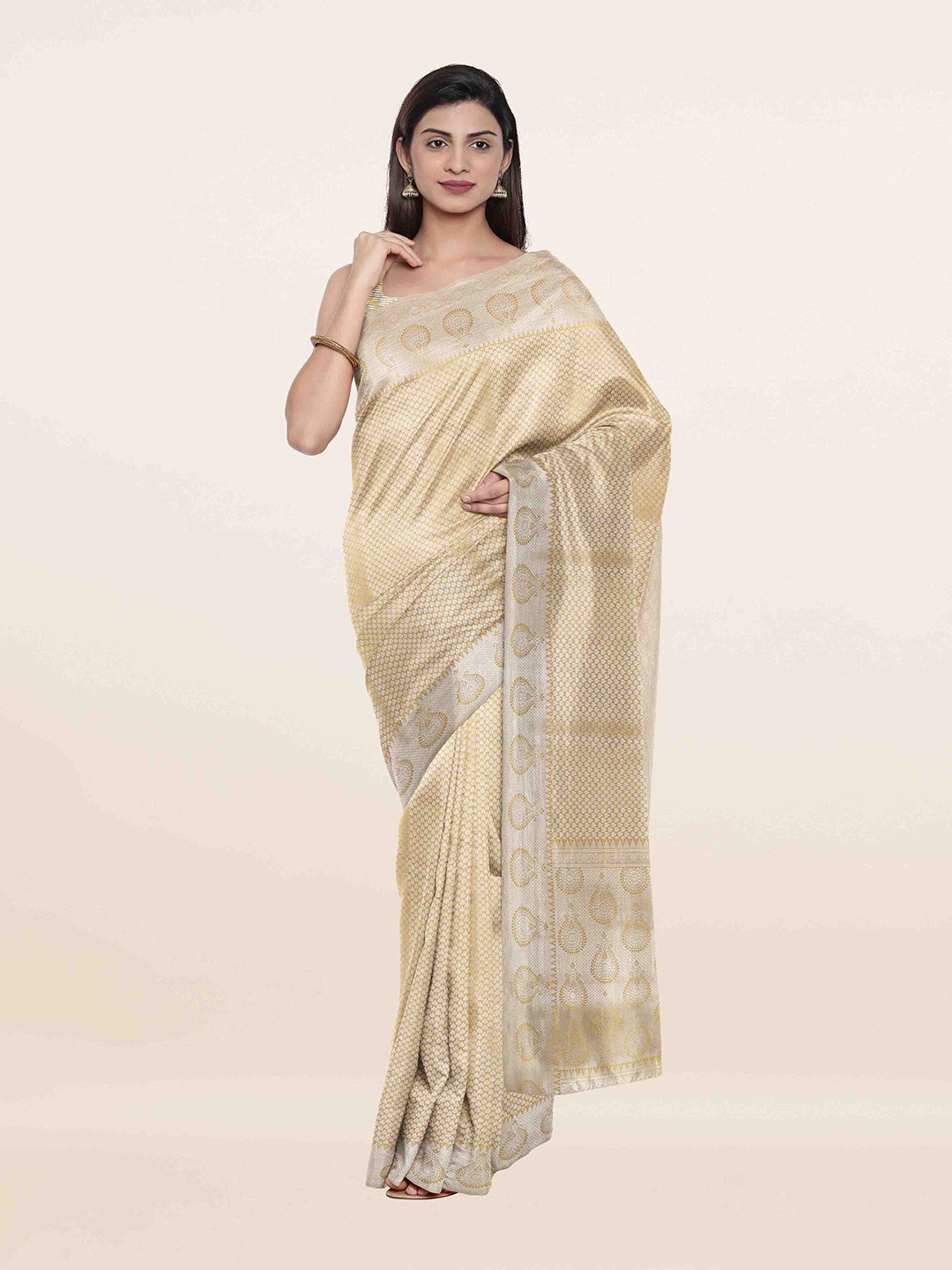 

Pothys Cream-Coloured & Silver-Toned Floral Zari Art Silk Saree