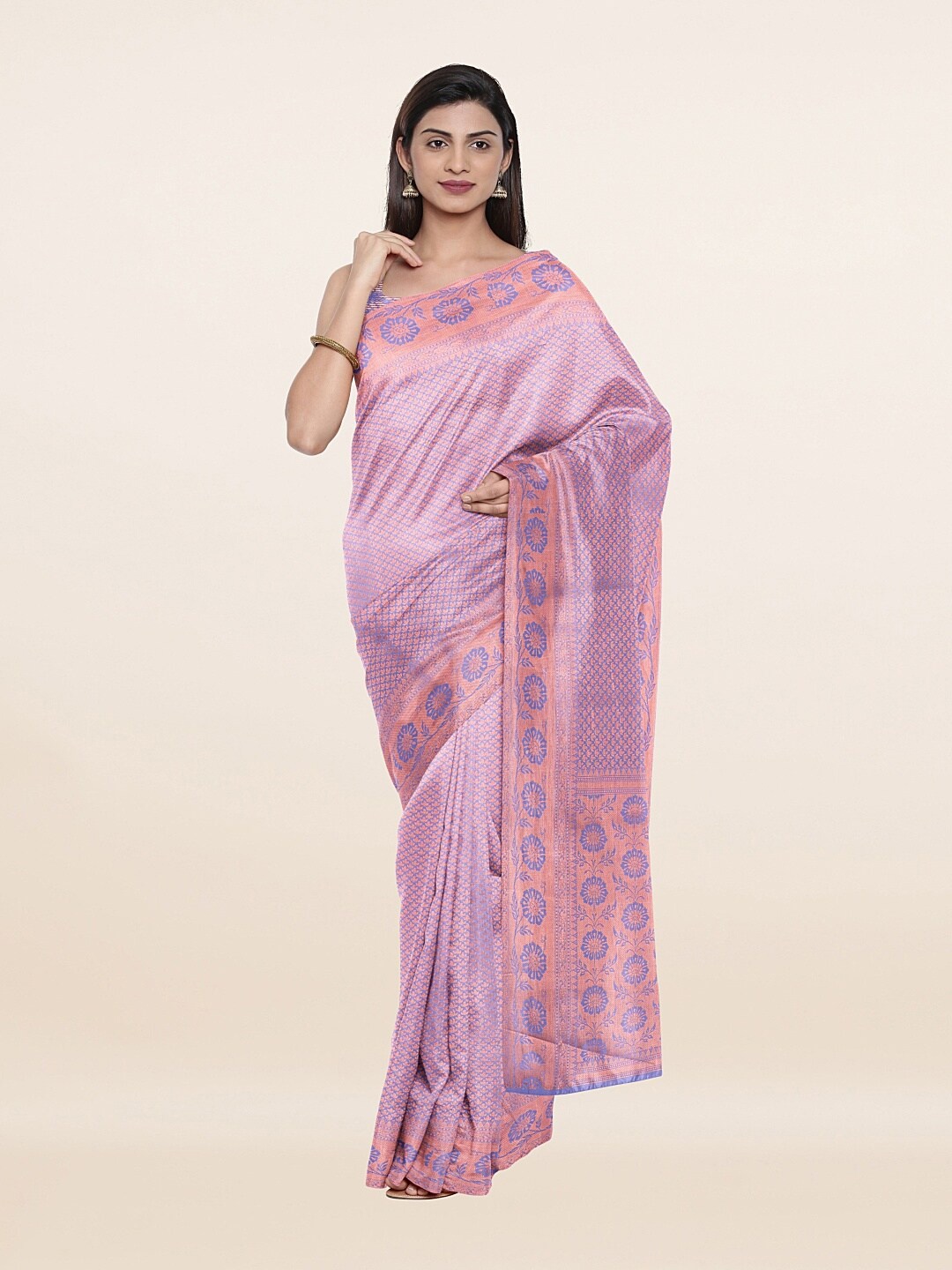 

Pothys Violet & Gold-Toned Floral Zari Art Silk Saree