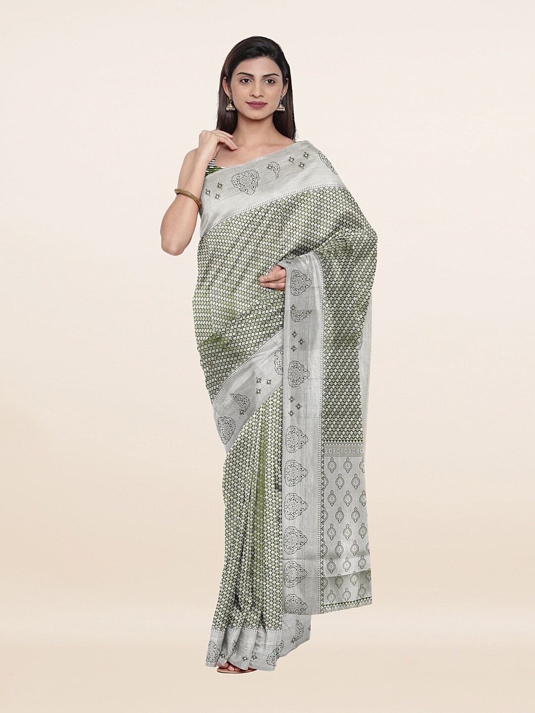 

Pothys Green & Silver-Toned Ethnic Motifs Banarasi Art Silk Saree