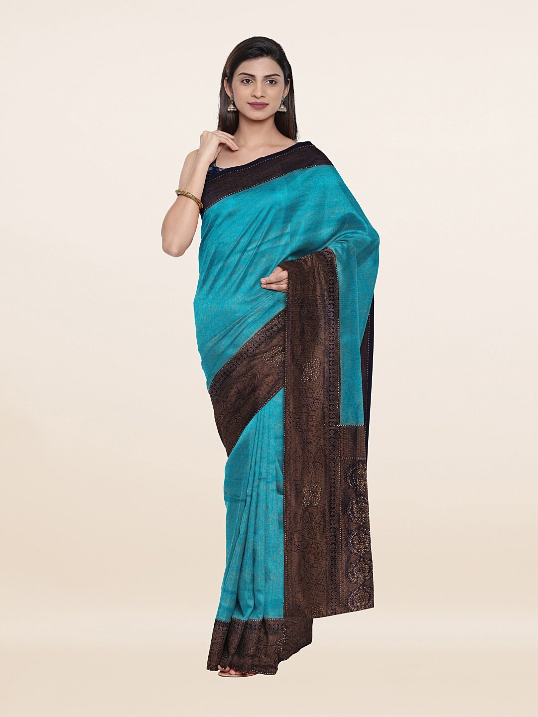 

Pothys Blue & Coffee Brown Woven Design Beads and Stones Art Silk Saree