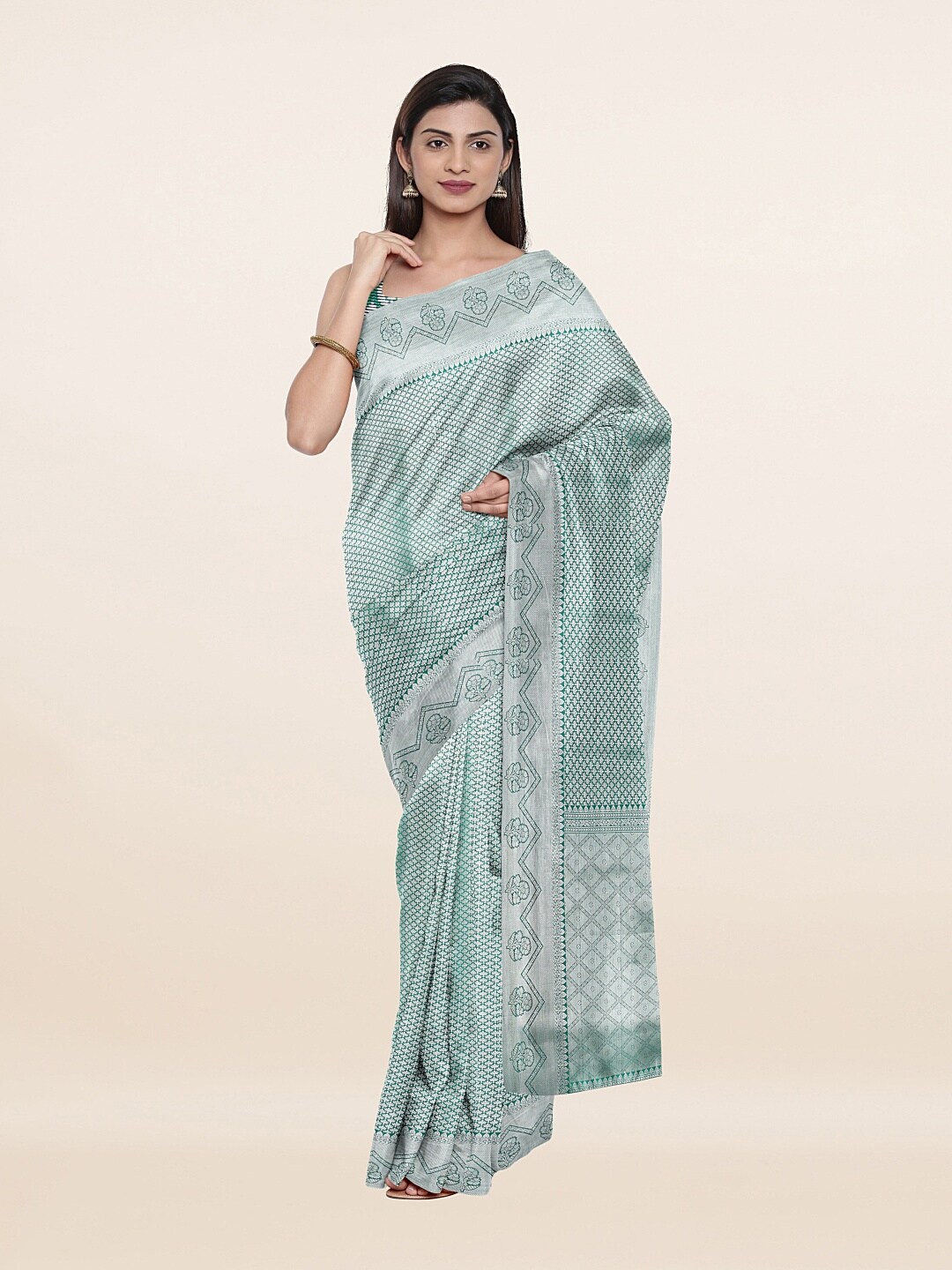 

Pothys Green & Silver-Toned Woven Design Zari Art Silk Saree