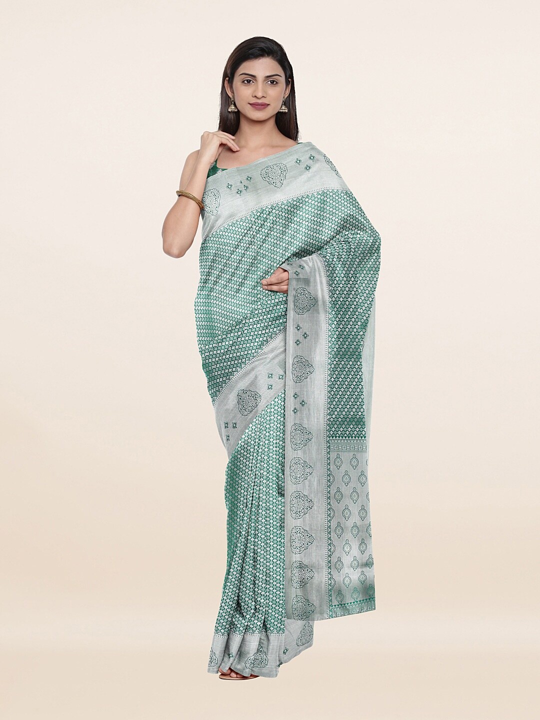 

Pothys Green & Silver-Toned Woven Design Zari Art Silk Saree