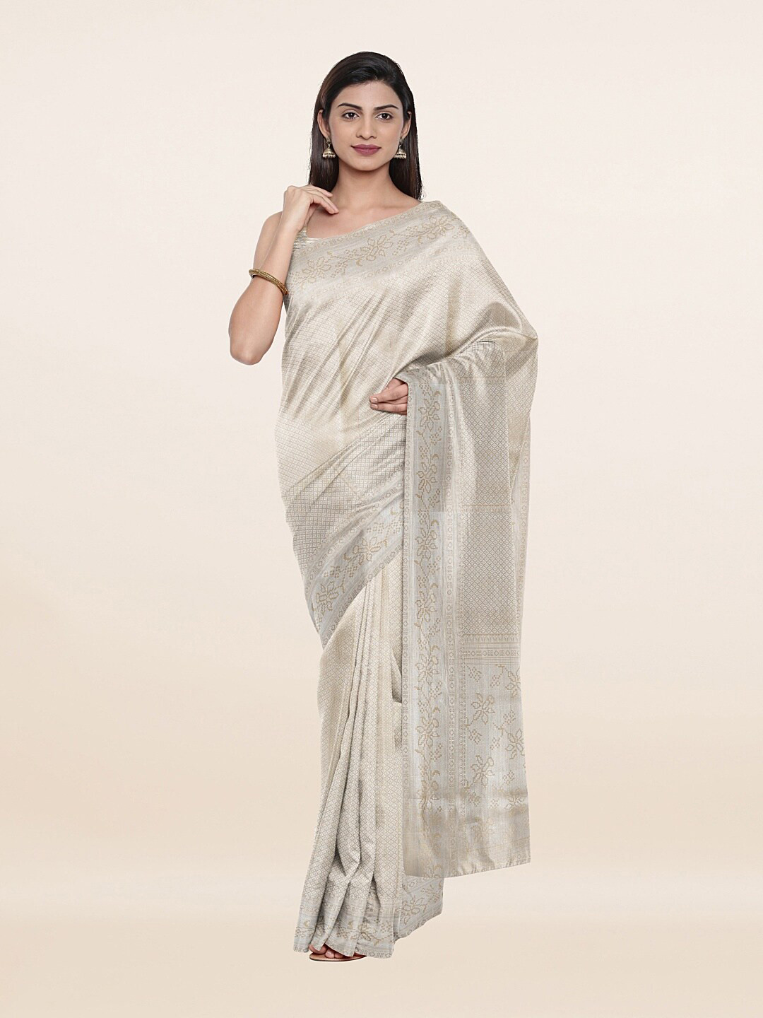 

Pothys Cream-Coloured & Silver-Toned Floral Zari Art Silk Saree