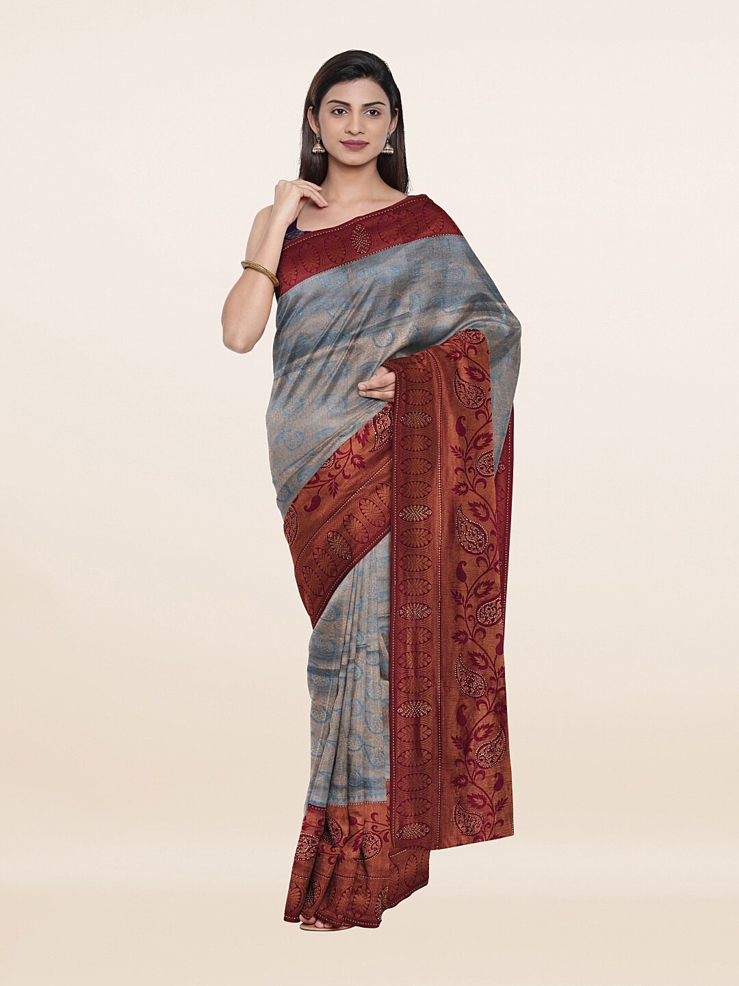 

Pothys Grey & Maroon Woven Design Zari Art Silk Saree