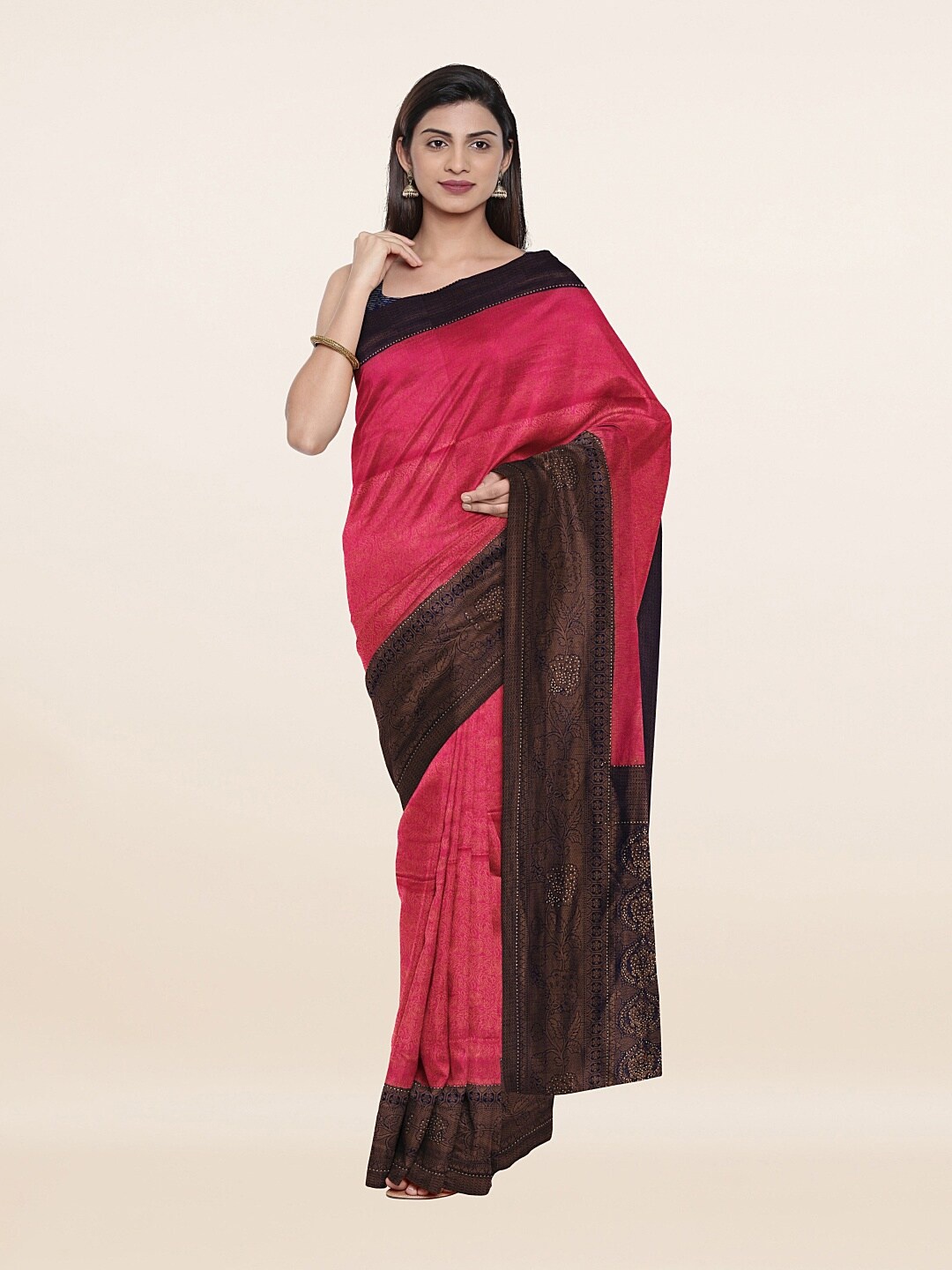 

Pothys Pink & Coffee Brown Floral Beads and Stones Art Silk Saree