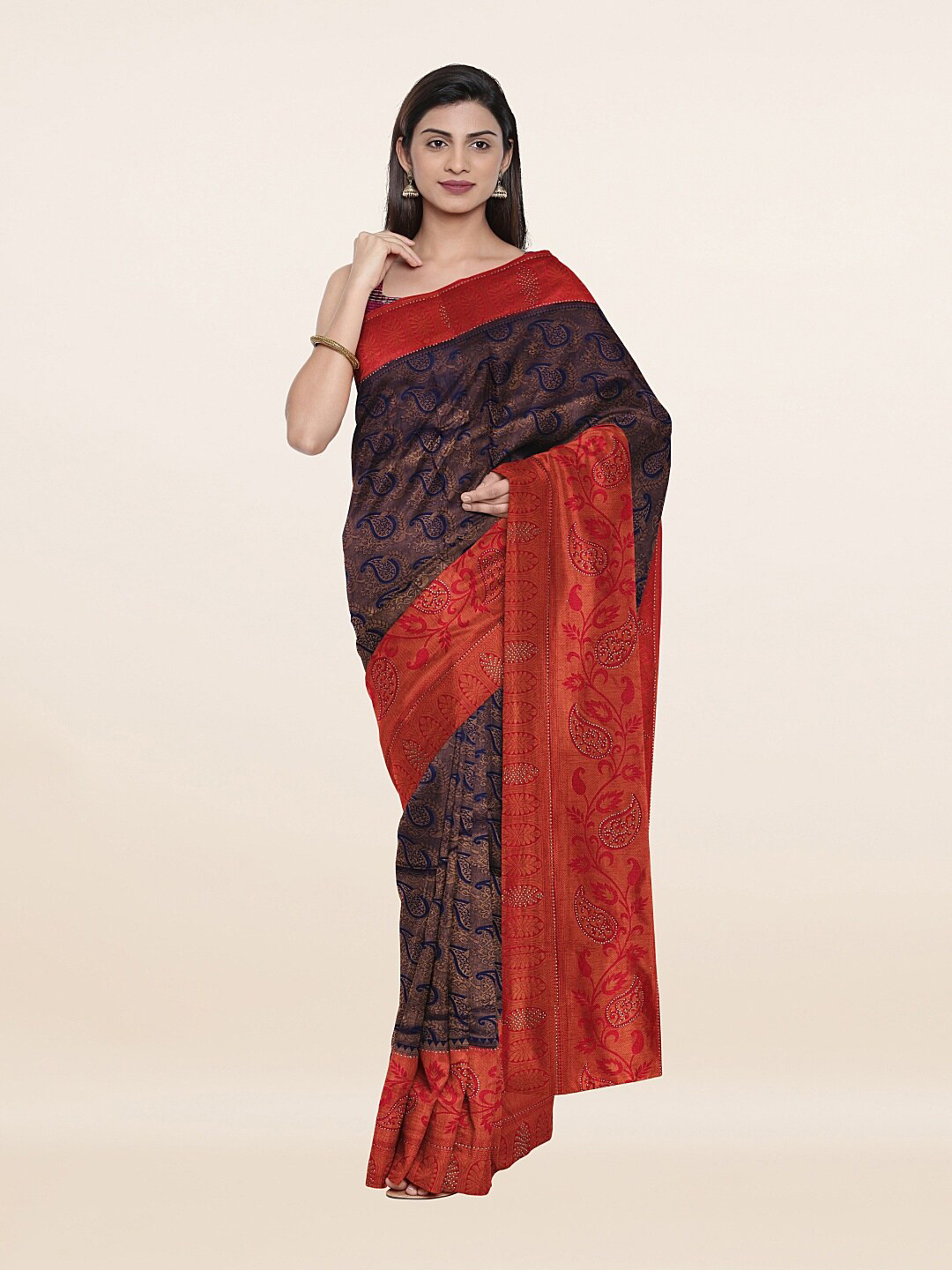 

Pothys Blue & Red Floral Beads and Stones Art Silk Saree