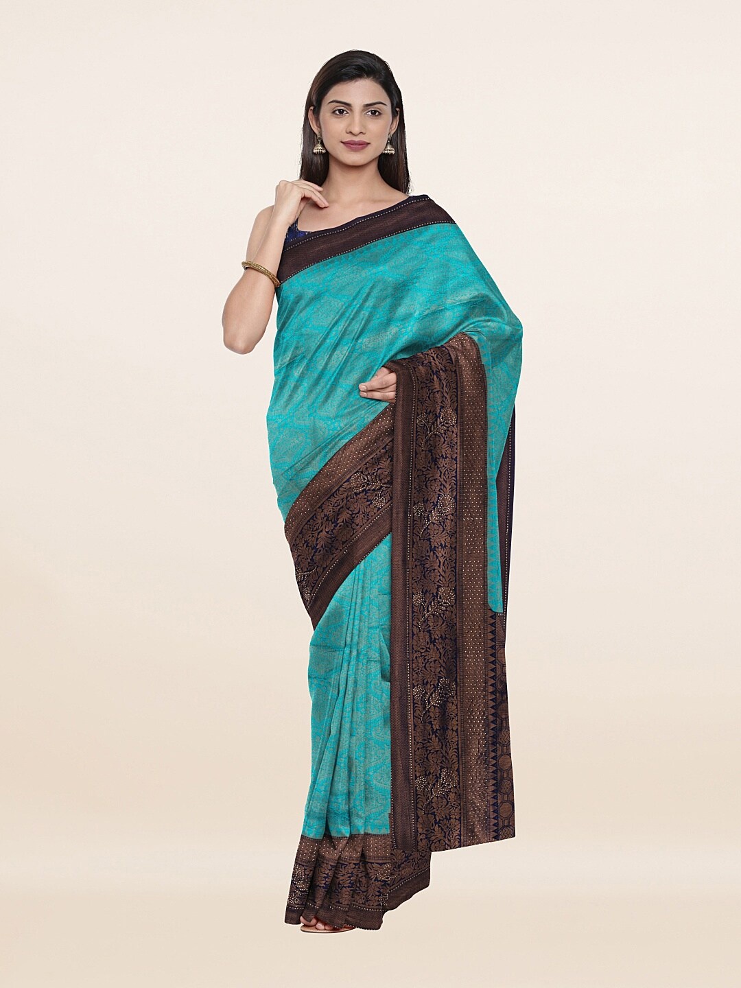 

Pothys Blue & Silver-Toned Beads and Stones Art Silk Saree