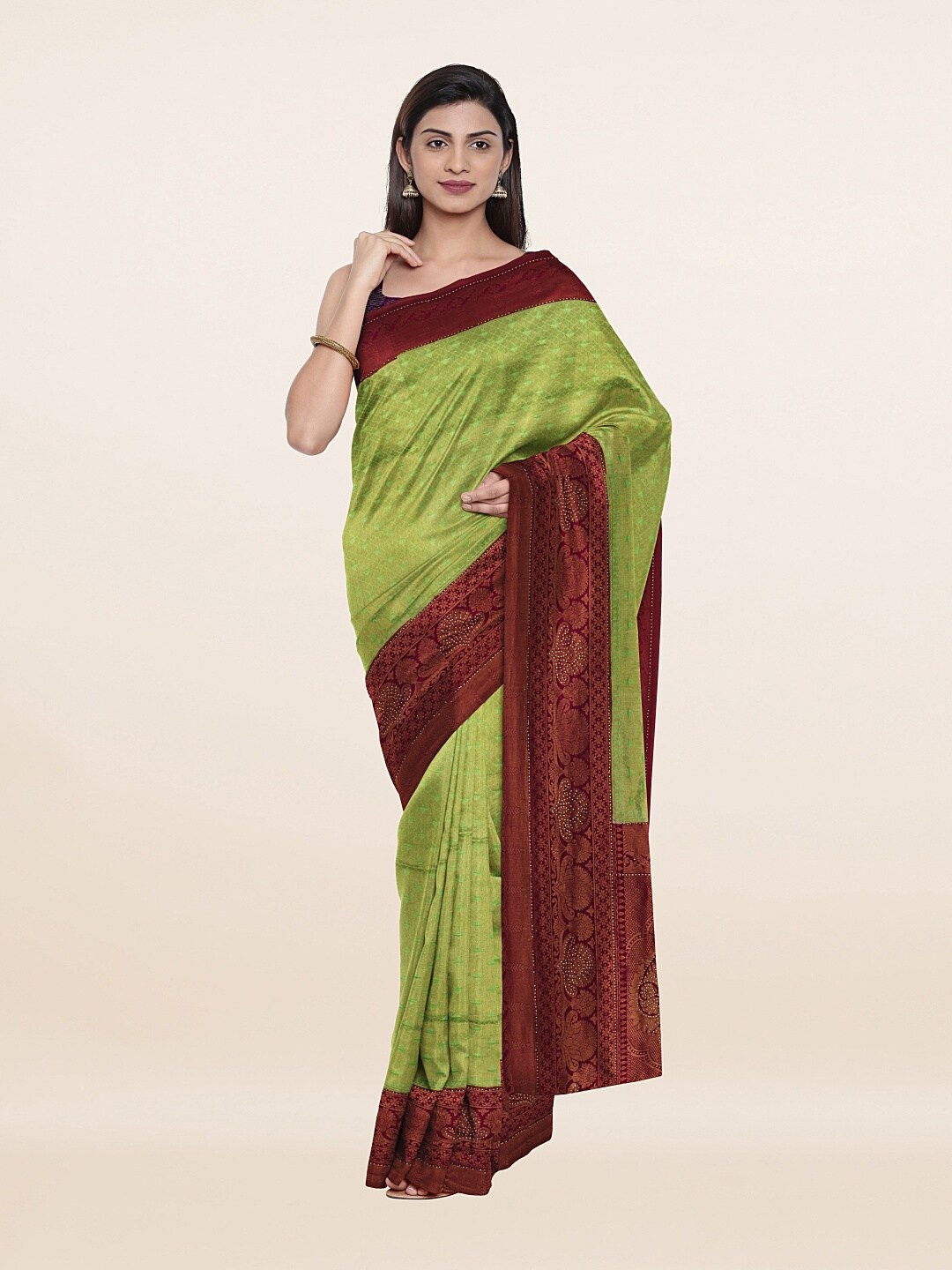 

Pothys Lime Green & Maroon Ethnic Motifs Banarasi Art Silk Saree