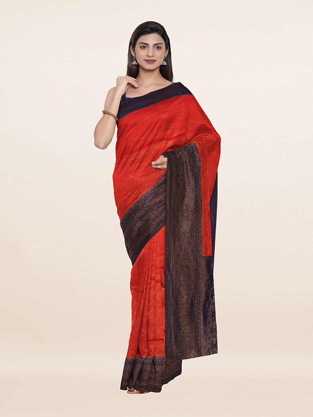 

Pothys Red & Navy Blue Ethnic Motifs Banarasi Art Silk Saree