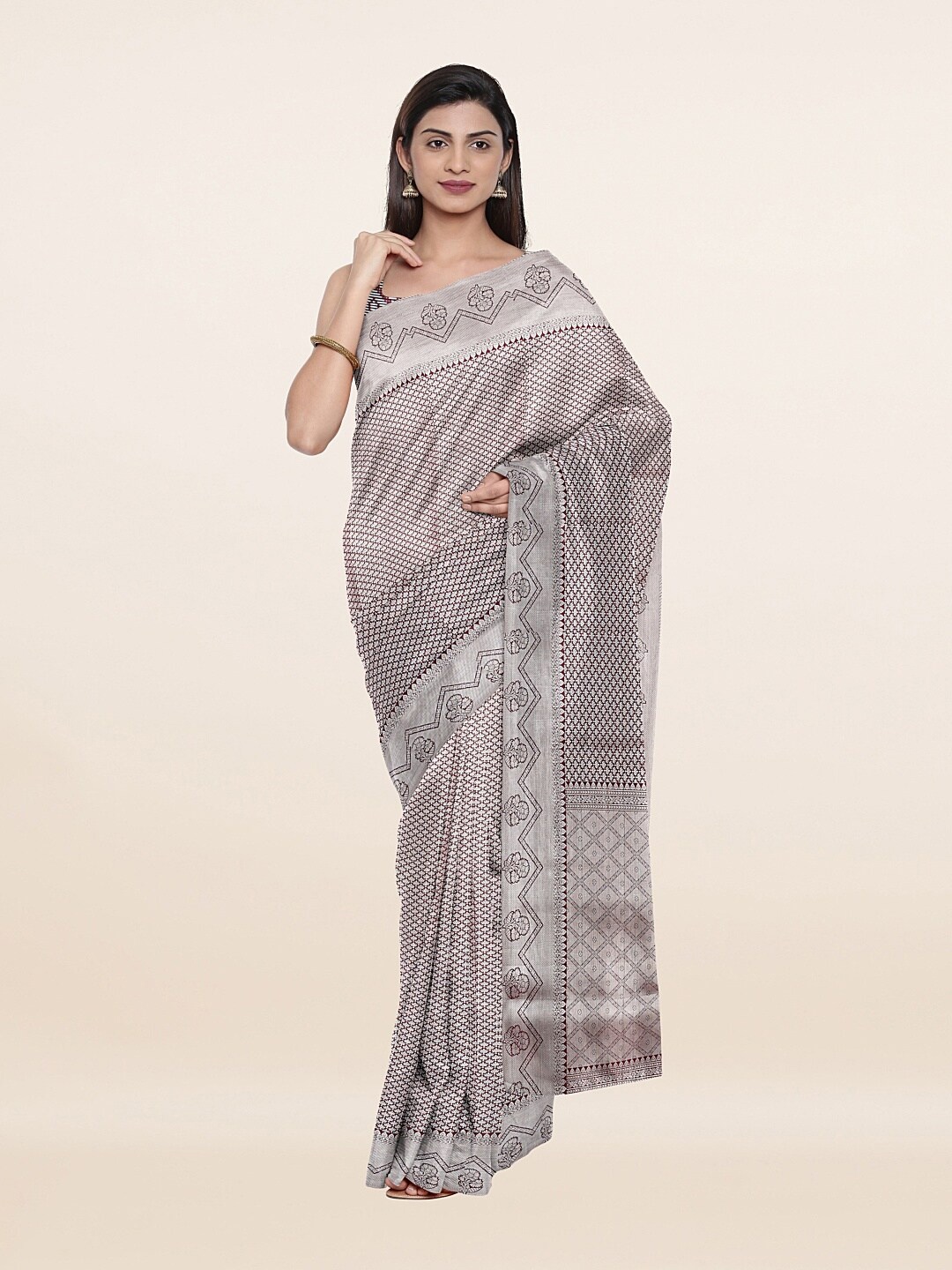 

Pothys Maroon & Silver-Toned Ethnic Motifs Zari Art Silk Saree