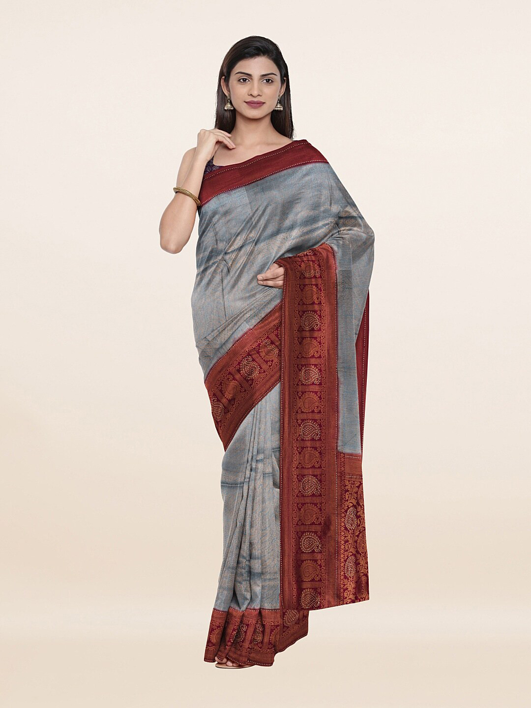 

Pothys Grey & Red Woven Design Beads and Stones Art Silk Saree
